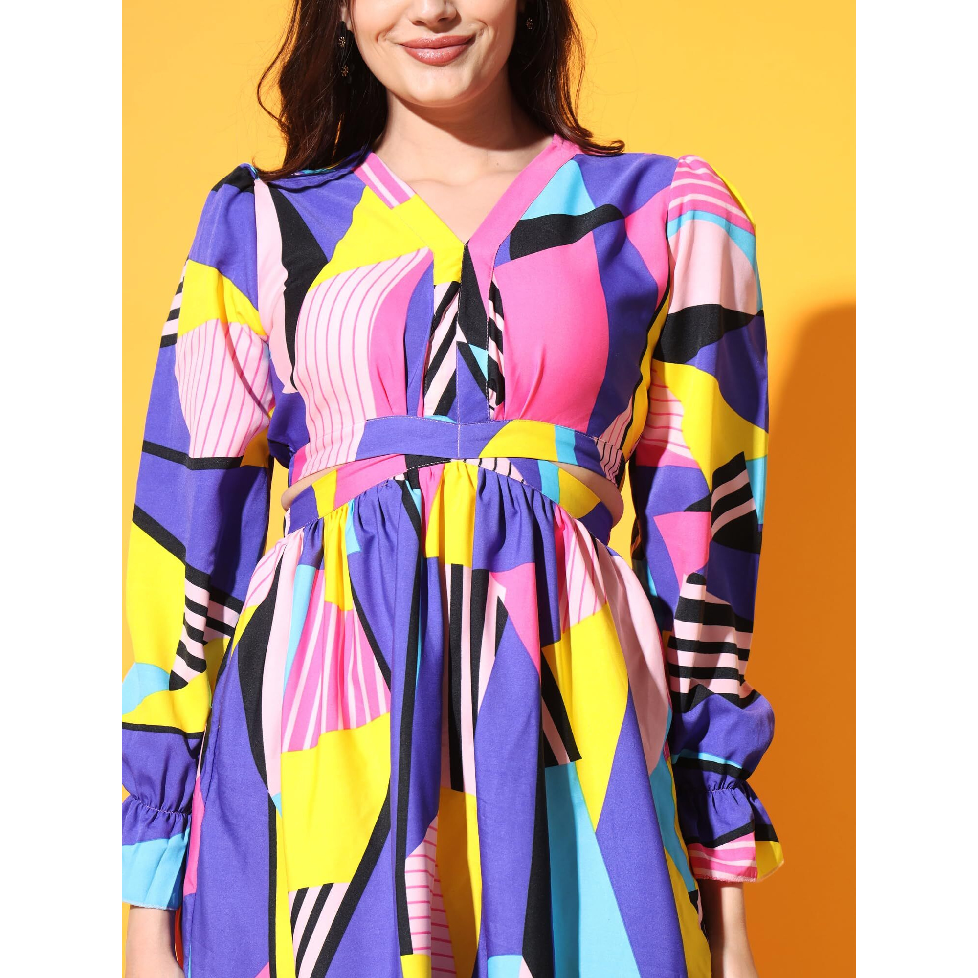 Kzully Women's Embrace Chic Vibes With This V-Neck Fit & Flare Maxi Dress Featuring Waist Cutouts Blue-Pink (Small)