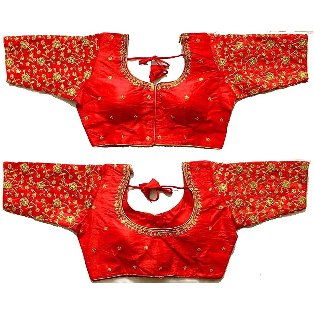 Vihu Fashion Silk Women's Embroidery Handwork & Thread Work Flower Design Half Sleeve Readymade Blouse (Flower Blouse_Red_38)