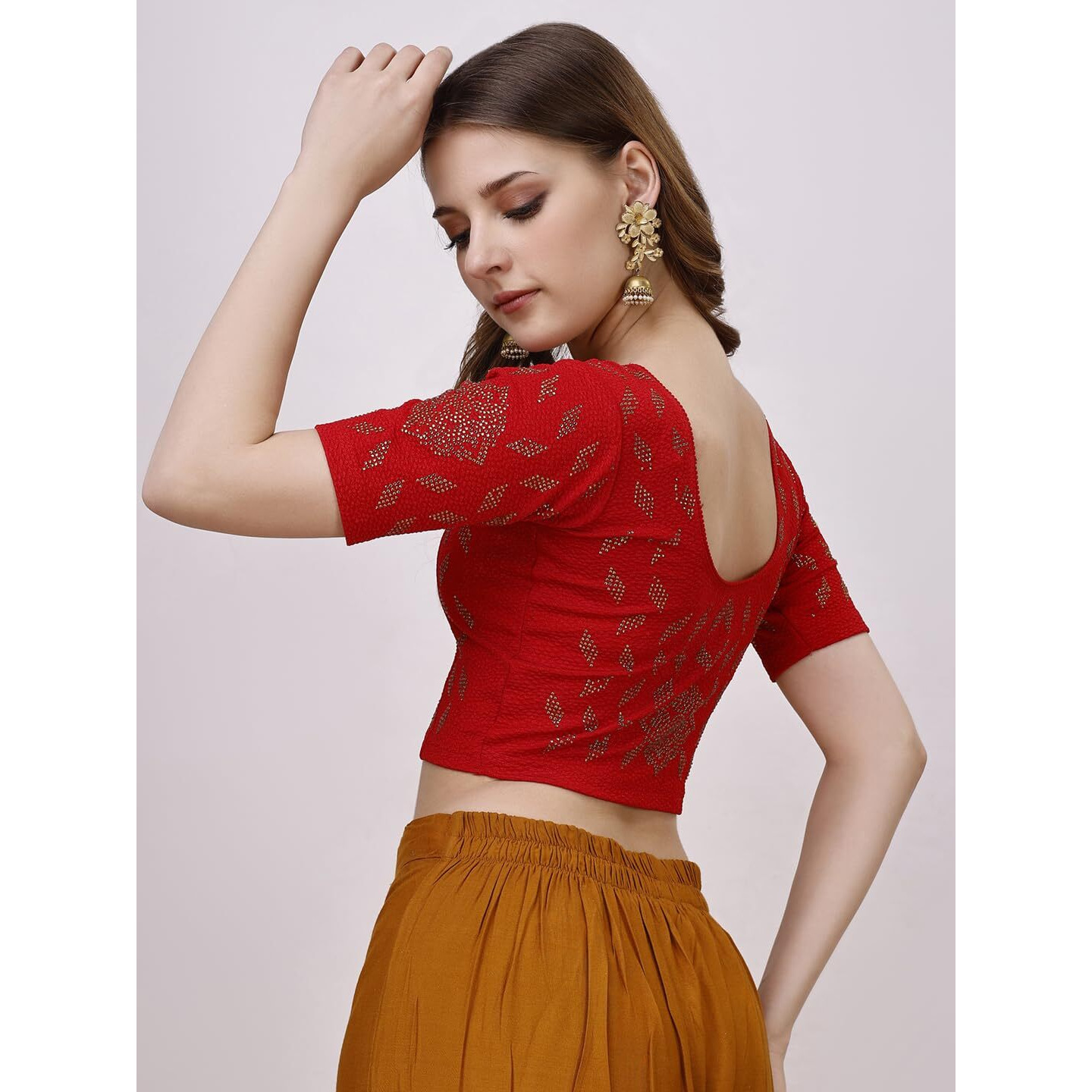 Vihu Fashion Women's Readymade Hosiery Lycra Stretchable Round Neck Half Sleeve Blouse With Swaroski Work Fancy Lycra Stretchable Red Blouse For Women Readymade Saree Blouse