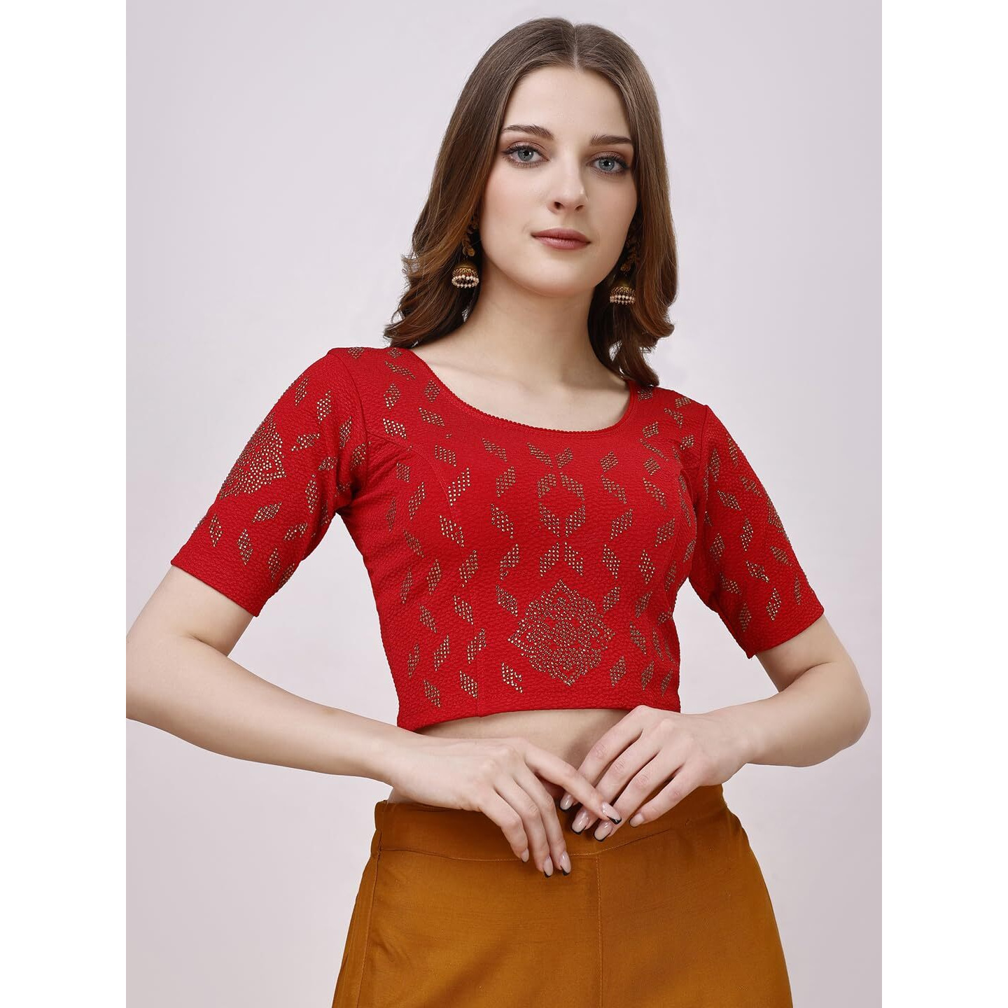 Vihu Fashion Women's Readymade Hosiery Lycra Stretchable Round Neck Half Sleeve Blouse With Swaroski Work Fancy Lycra Stretchable Red Blouse For Women Readymade Saree Blouse