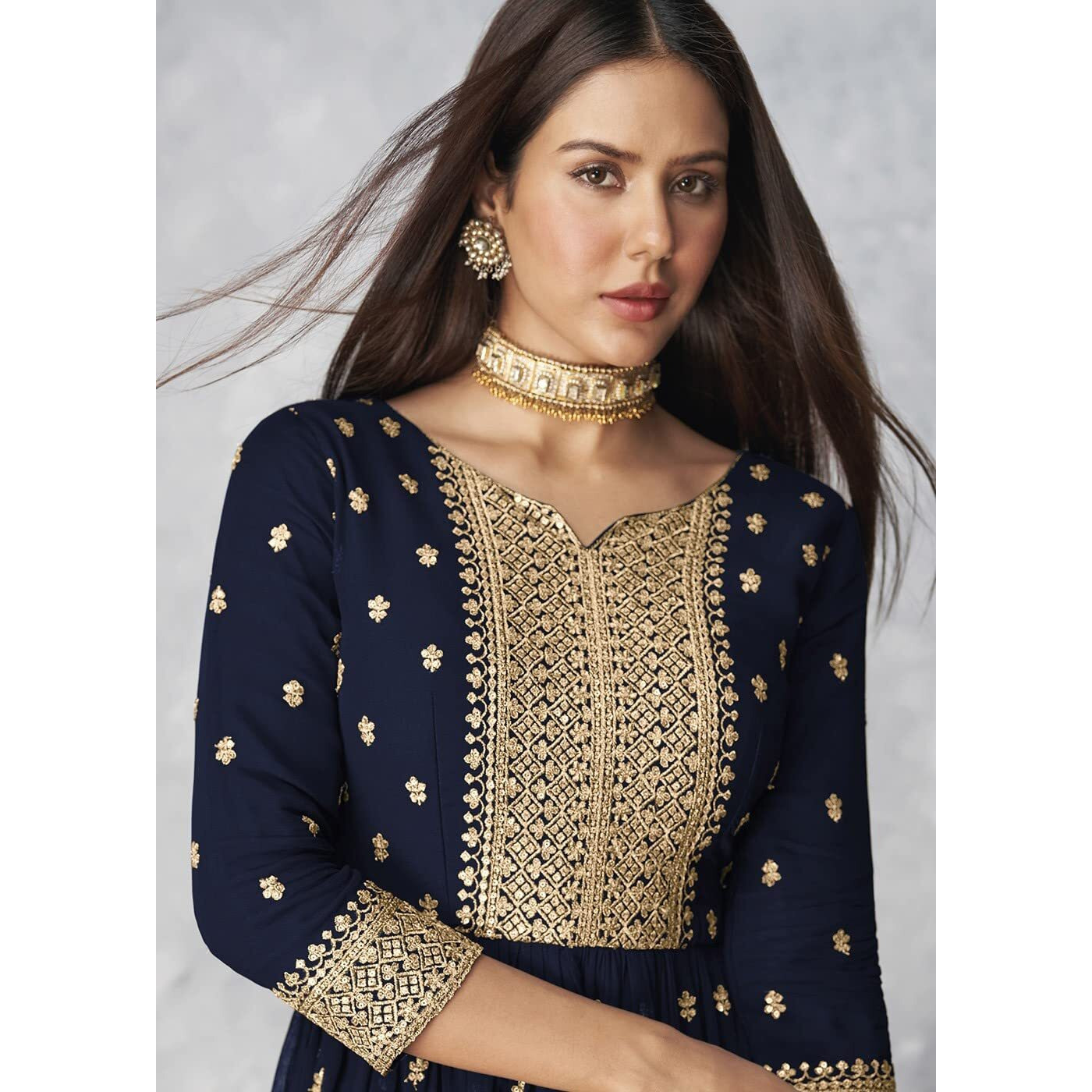 Xomantic Fashion Women's Ethnic Wear Nyra Cut Embroidery Kurti Plazzo And Dupatta (Medium, Navyblue)