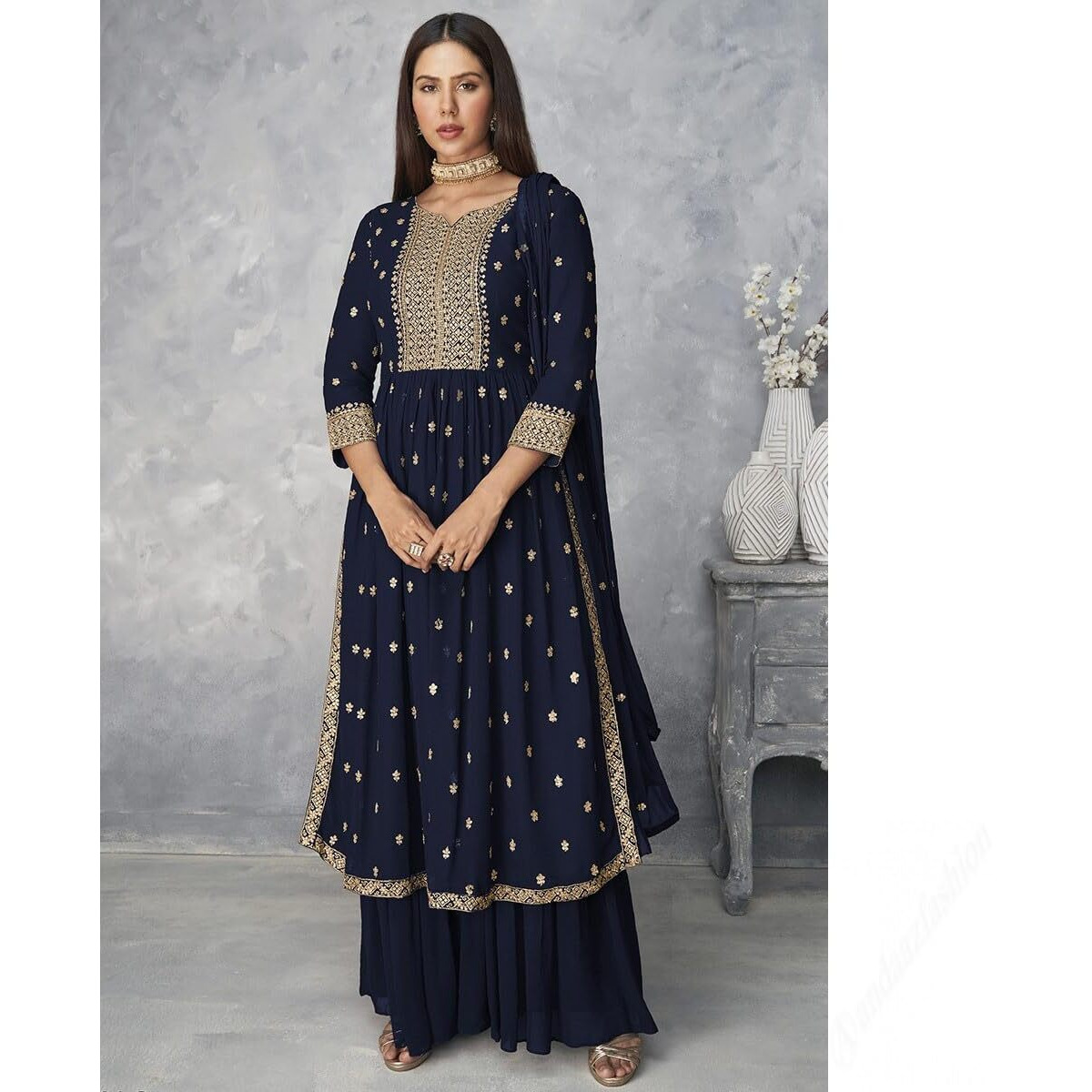 Xomantic Fashion Women's Ethnic Wear Nyra Cut Embroidery Kurti Plazzo And Dupatta (Medium, Navyblue)