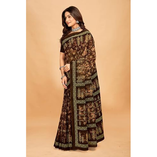 Tamaira Fashion Women's Jaipuri Hand Block Printed Pure Cotton Mulmul Saree Without Blouse Piece(11615_Coffee)