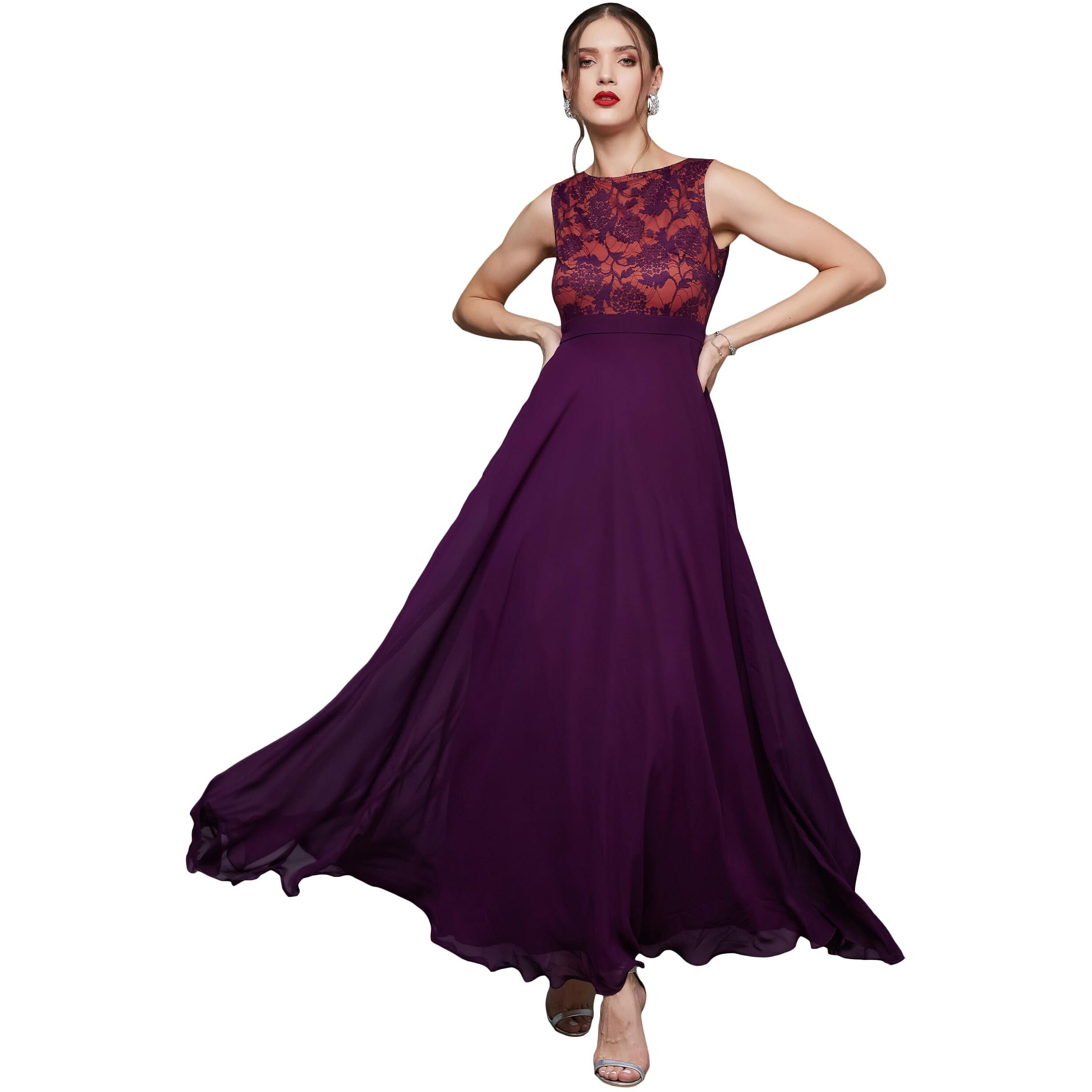 Miss Chase Women's Sleeveless Georgette & Lace Floral Fit & Flare Maxi Dress (Plus Size) (Mcaw19D08-57-289-02, Dark Purple, Xs)