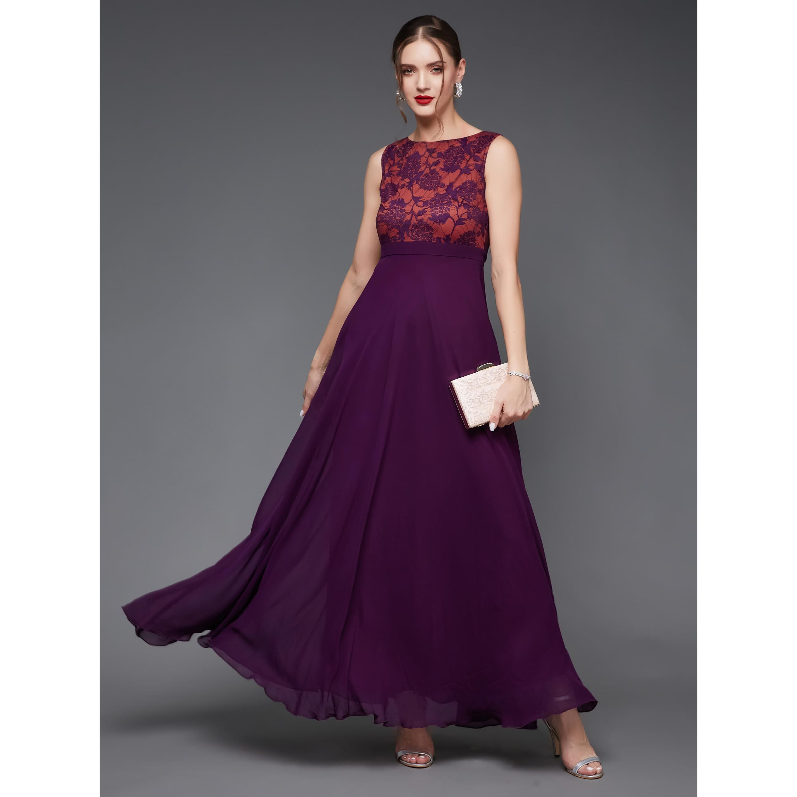 Miss Chase Women's Sleeveless Georgette & Lace Floral Fit & Flare Maxi Dress (Plus Size) (Mcaw19D08-57-289-02, Dark Purple, Xs)