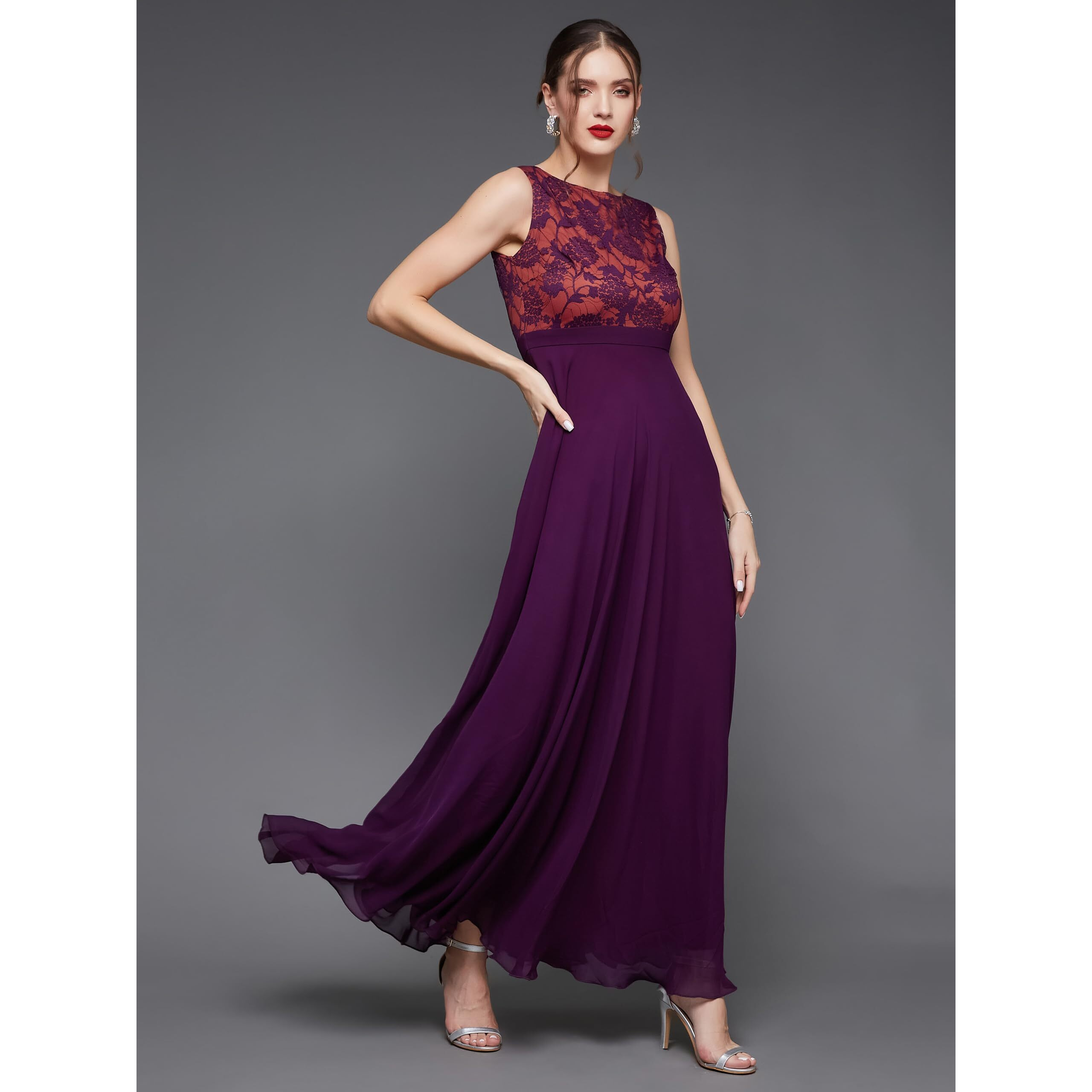Miss Chase Women's Sleeveless Georgette & Lace Floral Fit & Flare Maxi Dress (Plus Size) (Mcaw19D08-57-289-02, Dark Purple, Xs)