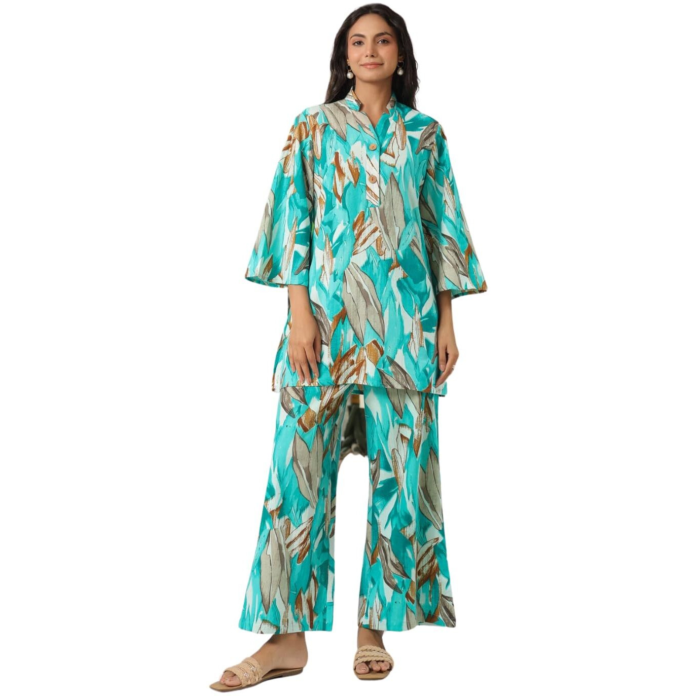 Nainvish Women's Aqua Blue Printed Straight Rayon Blend V-Neck Co-Ord Set (Sd730_Kb-L_Aqua Blue)