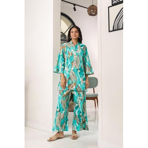 Nainvish Women's Aqua Blue Printed Straight Rayon Blend V-Neck Co-Ord Set (Sd730_Kb-L_Aqua Blue)