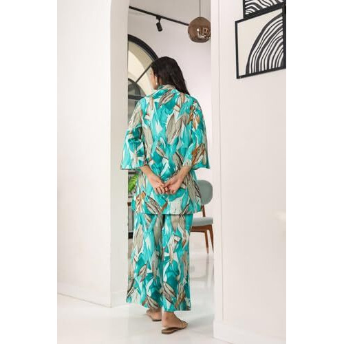 Nainvish Women's Aqua Blue Printed Straight Rayon Blend V-Neck Co-Ord Set (Sd730_Kb-L_Aqua Blue)