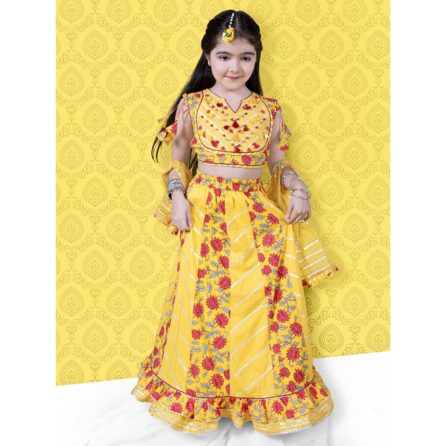 Naughty Ninos Girl's Polyester, Readymade Lehenga Choli Set (Nn00027Eth_14-15 Years), Yellow