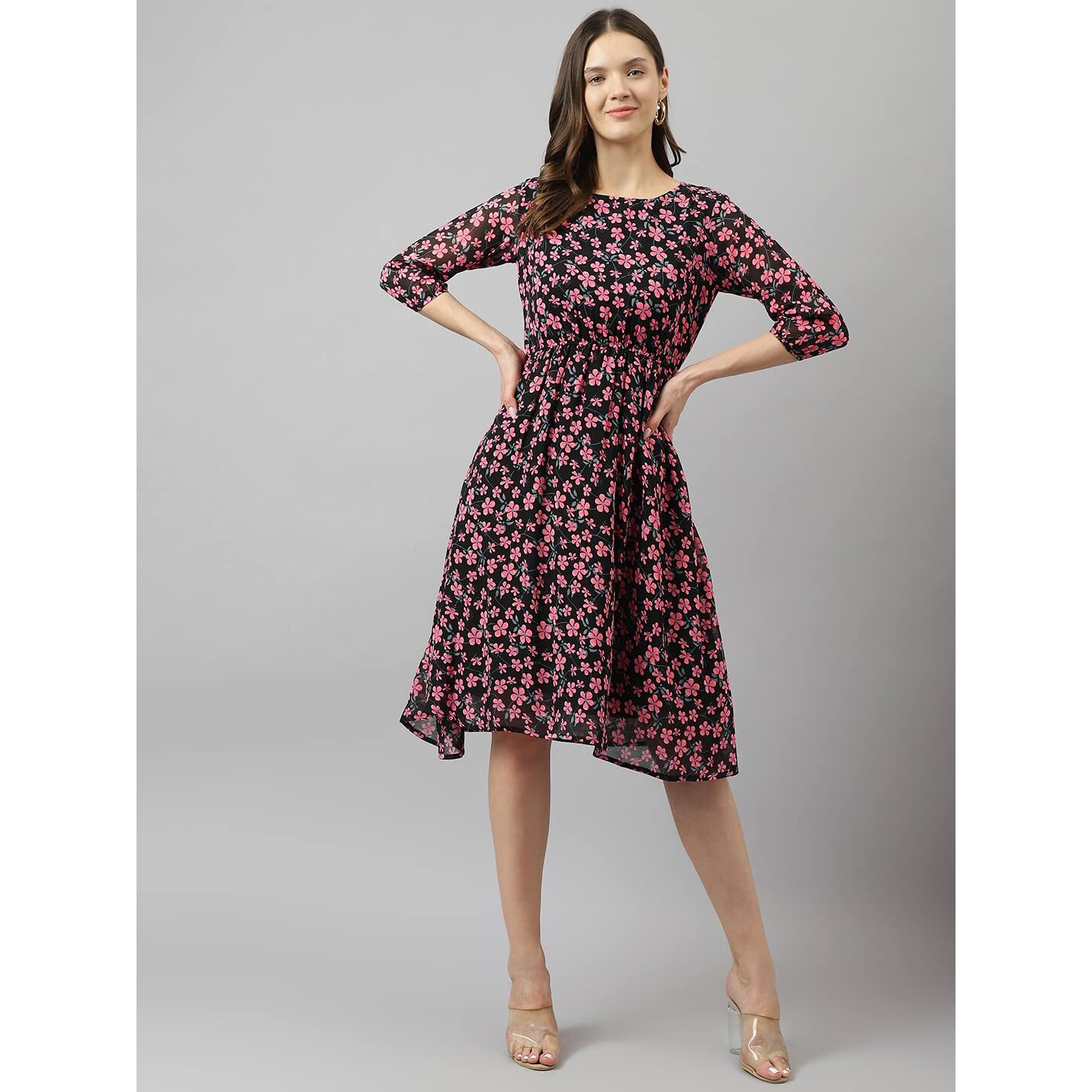 Toochki Women's Black & Pink Georgette Floral Fit & Flared Western Below Knee Length Kurti With A Line Suitable In Summer Wear Latest Trendy Midi Kurti