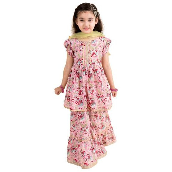 Pspeaches Girls Pink Floral Printed Gotta Patti Pure Cotton Kurti With Palazzos With Dupatta (Pink-4-5Y)