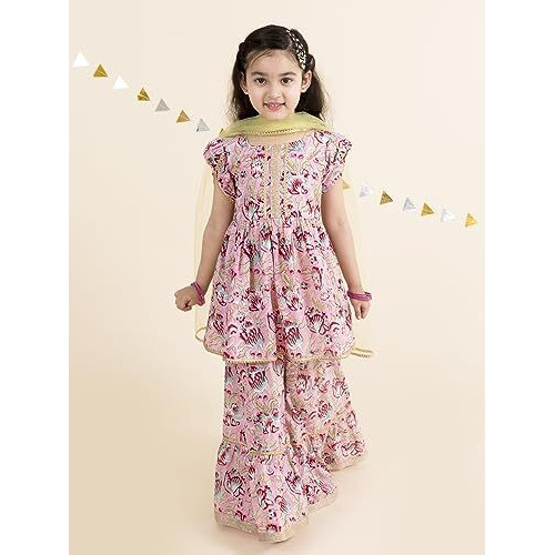 Pspeaches Girls Pink Floral Printed Gotta Patti Pure Cotton Kurti With Palazzos With Dupatta (Pink-4-5Y)