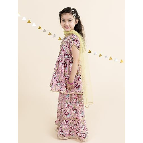 Pspeaches Girls Pink Floral Printed Gotta Patti Pure Cotton Kurti With Palazzos With Dupatta (Pink-4-5Y)