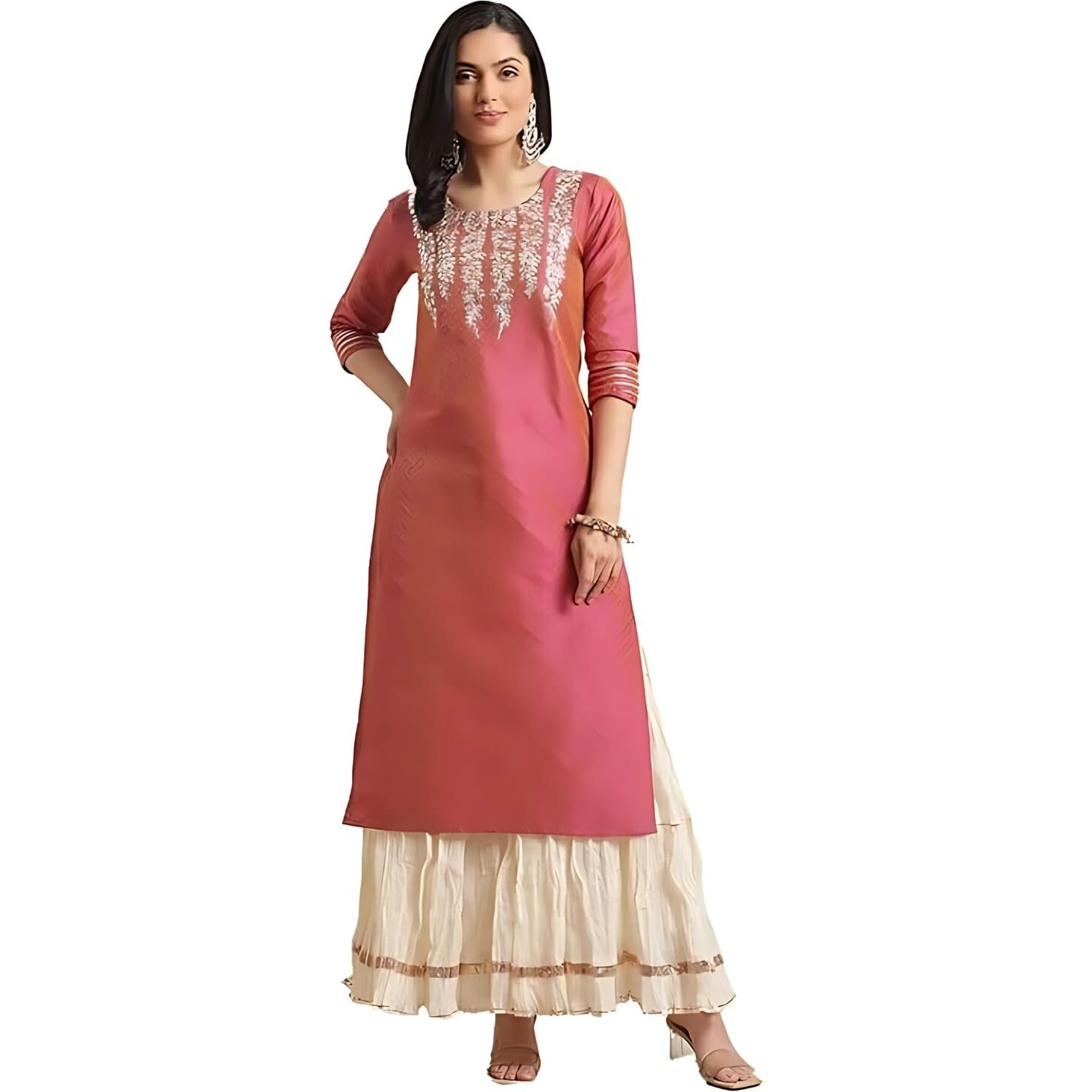 Varanga Women Coral Dual Tone Floral Gota Patti Embroidered Jacquard Kurta