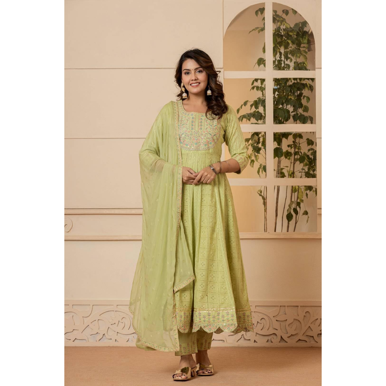 Varanga Women Beige Floral Printed Embroidered Anarkali Kurta Paired Wirh Printed Bottom And Dupatta
