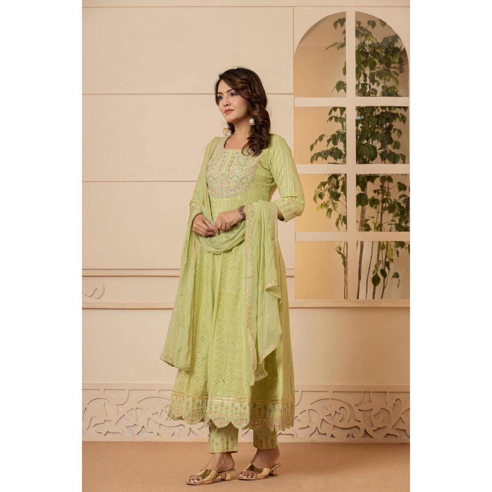 Varanga Women Beige Floral Printed Embroidered Anarkali Kurta Paired Wirh Printed Bottom And Dupatta
