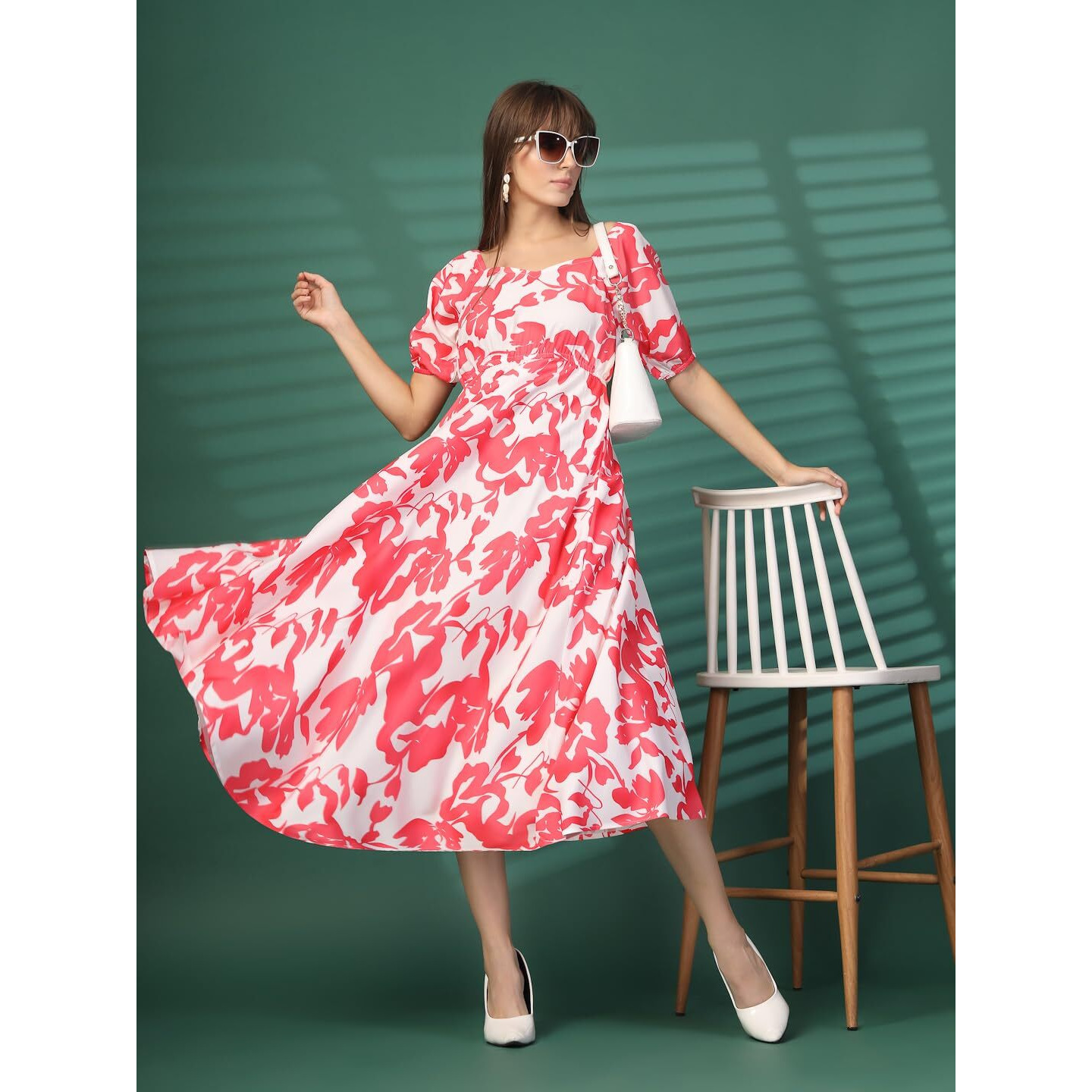 Oomph Flared Dress For Women Stylish | Long One Piece For Women | Puff Sleeve Long Dress | Floral Print Maxi One Piece | Western & Fusion Wear