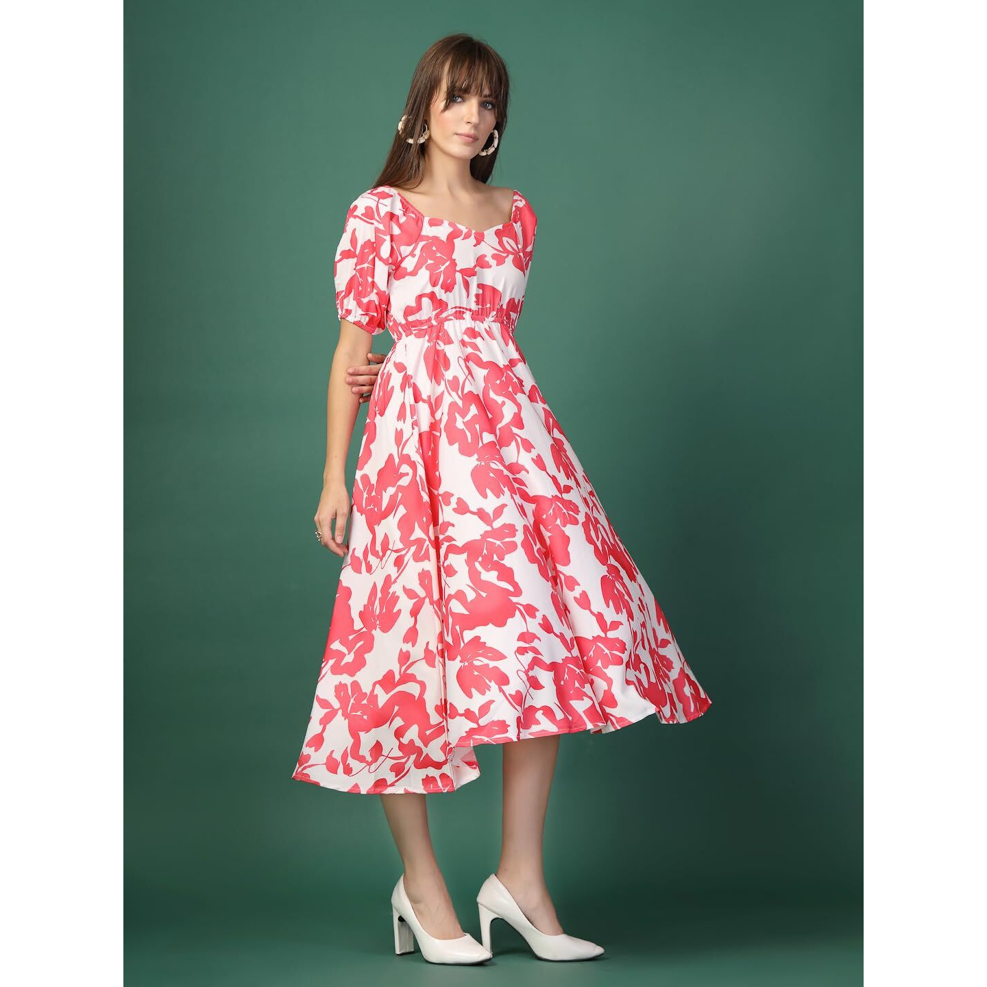 Oomph Flared Dress For Women Stylish | Long One Piece For Women | Puff Sleeve Long Dress | Floral Print Maxi One Piece | Western & Fusion Wear
