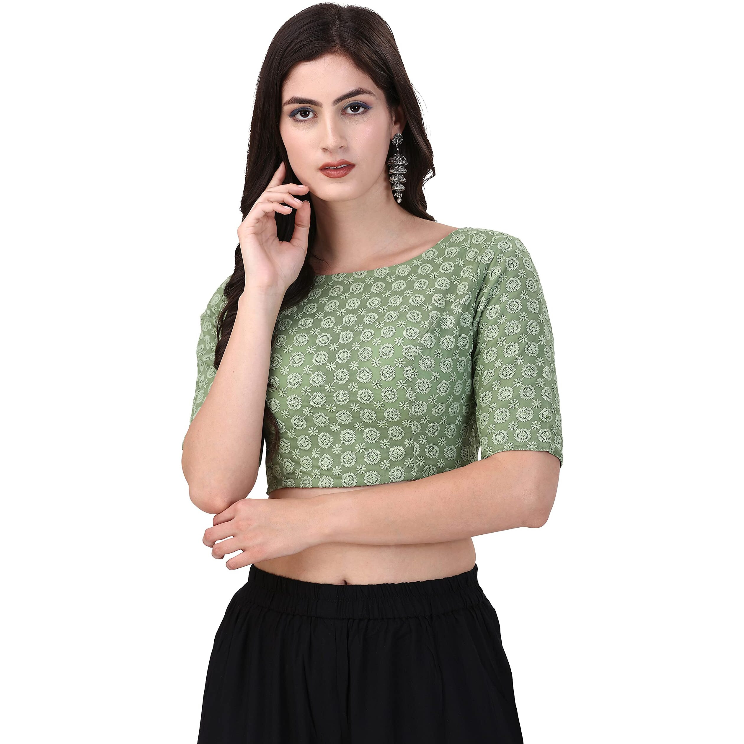 Oomph Traditional Cotton Schiffli Fabric Blouse For Women |Elbow Length Sleeves | Wedding & Festival Wear | Comfortable & Trendy Ethnic Wear | Readymade Blouse For Saree & Lehenga