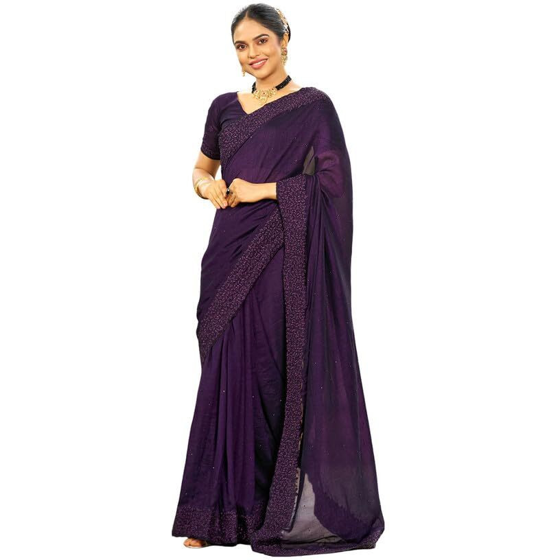 Satrani Women's Art Silk Dyed & Embroidery & Stone Work Saree With Unstitched Blouse Piece (3351S366N_Purple)