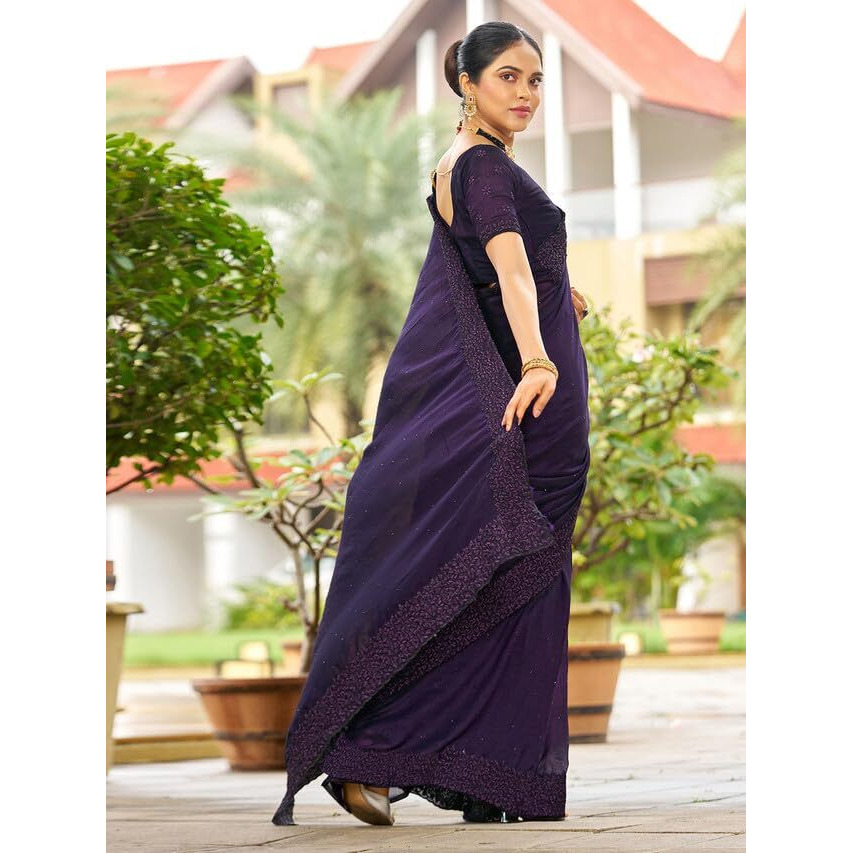 Satrani Women's Art Silk Dyed & Embroidery & Stone Work Saree With Unstitched Blouse Piece (3351S366N_Purple)