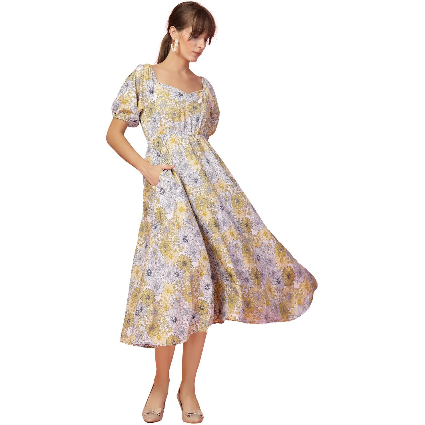 Oomph Flared Dress For Women Stylish | Long One Piece For Women | Puff Sleeve Long Dress | Floral Print Maxi One Piece | Western & Fusion Wear