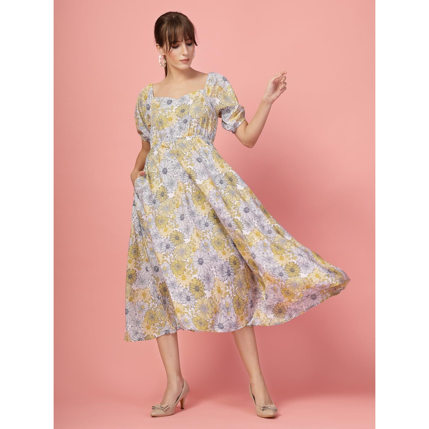 Oomph Flared Dress For Women Stylish | Long One Piece For Women | Puff Sleeve Long Dress | Floral Print Maxi One Piece | Western & Fusion Wear