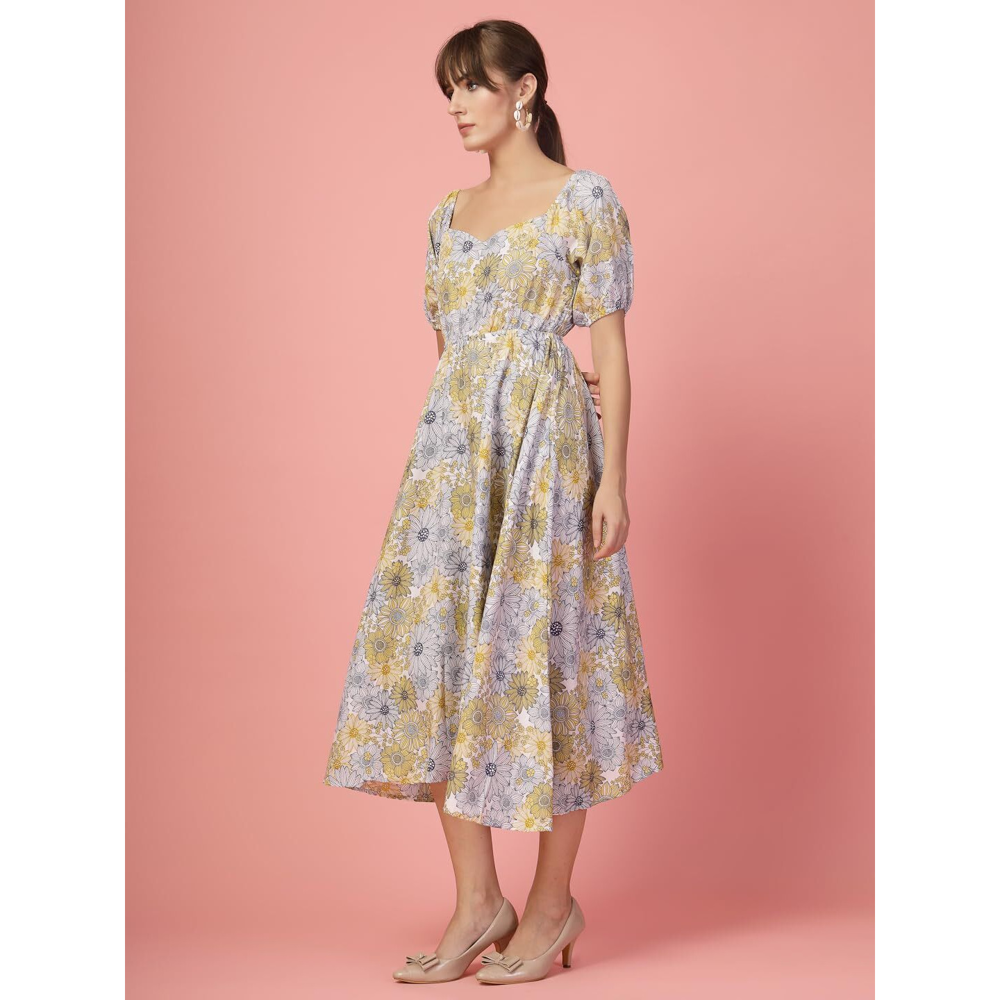 Oomph Flared Dress For Women Stylish | Long One Piece For Women | Puff Sleeve Long Dress | Floral Print Maxi One Piece | Western & Fusion Wear