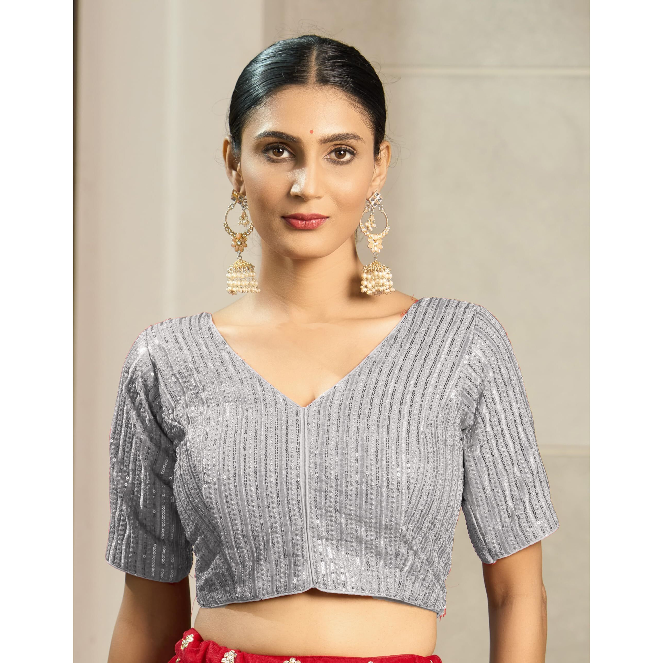 Vihu Fashion Women's Indian Ethnic Wear Designer Silver Sequence With Matching Embroidered Work V Neck Half Sleeve Readymade Padded Saree Blouse Readymade Unique Silver Color Saree Blouse