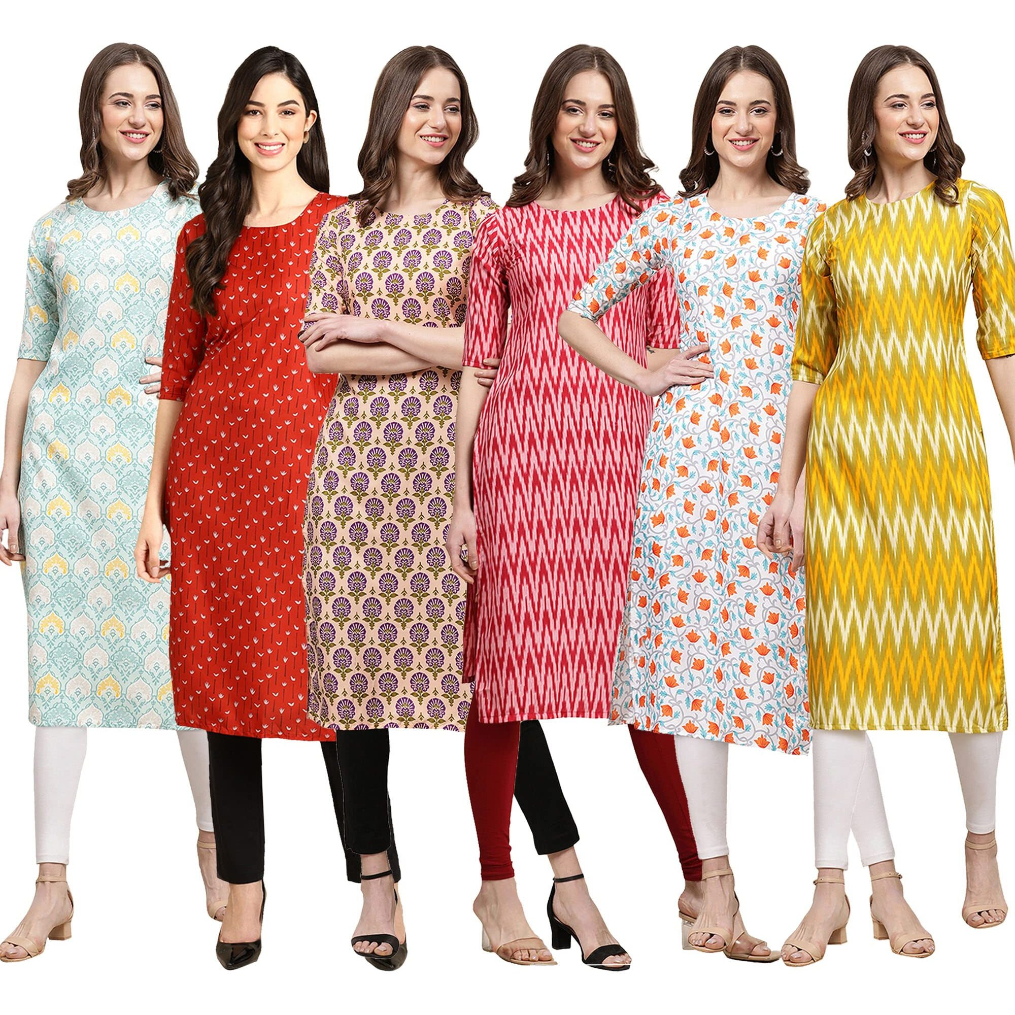 Pinkmint Women's Crepe Digital Print Straight Kurta Pack Of 6 [Cr-343-370-332-328-334-329-Xxl]