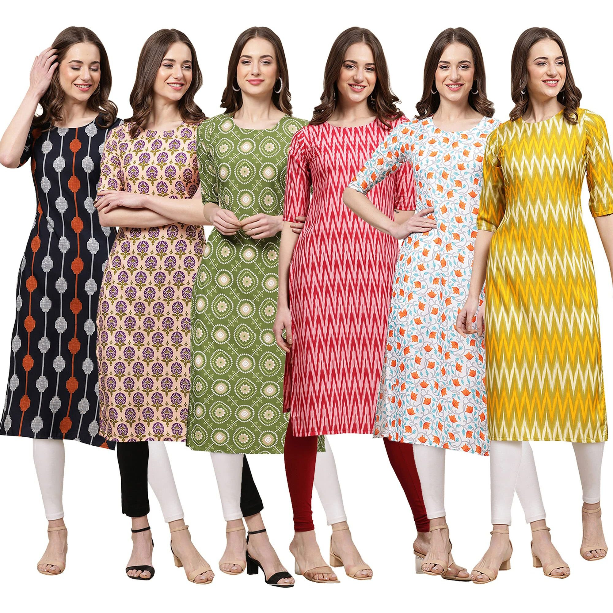 Pinkmint Women's Crepe Digital Print Straight Kurta Pack Of 6 [Cr-330-332-338-328-334-329-M]