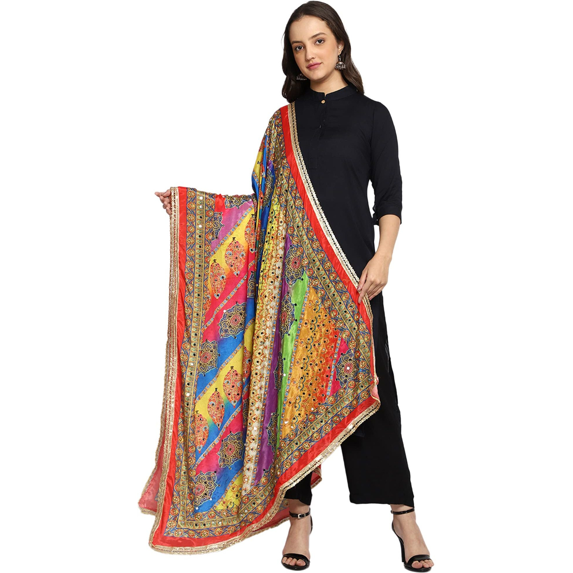 Weavers Villa Women's Poly Silk Digital Graphic Printed Mirror Work Ethnic Dupatta, Chunni, 2.25 Mtrs