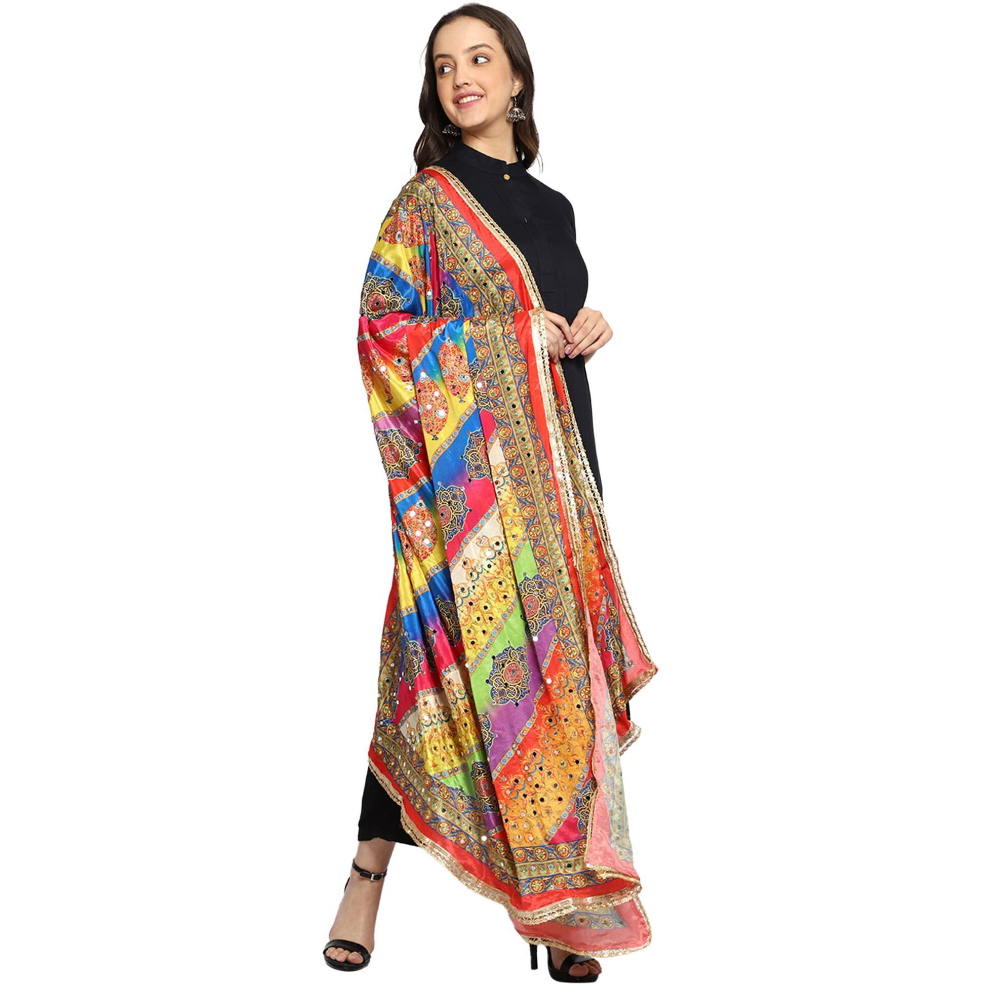 Weavers Villa Women's Poly Silk Digital Graphic Printed Mirror Work Ethnic Dupatta, Chunni, 2.25 Mtrs
