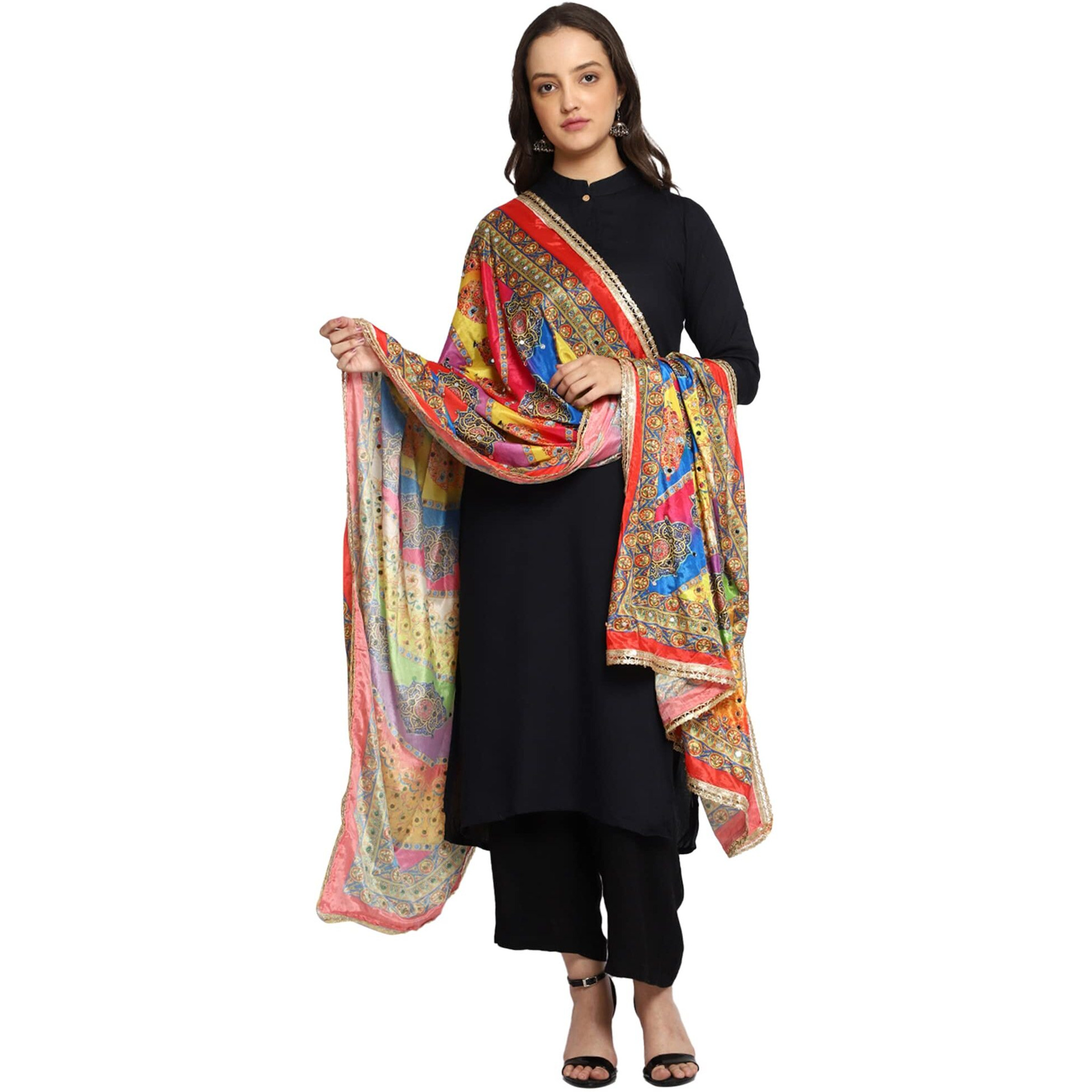 Weavers Villa Women's Poly Silk Digital Graphic Printed Mirror Work Ethnic Dupatta, Chunni, 2.25 Mtrs