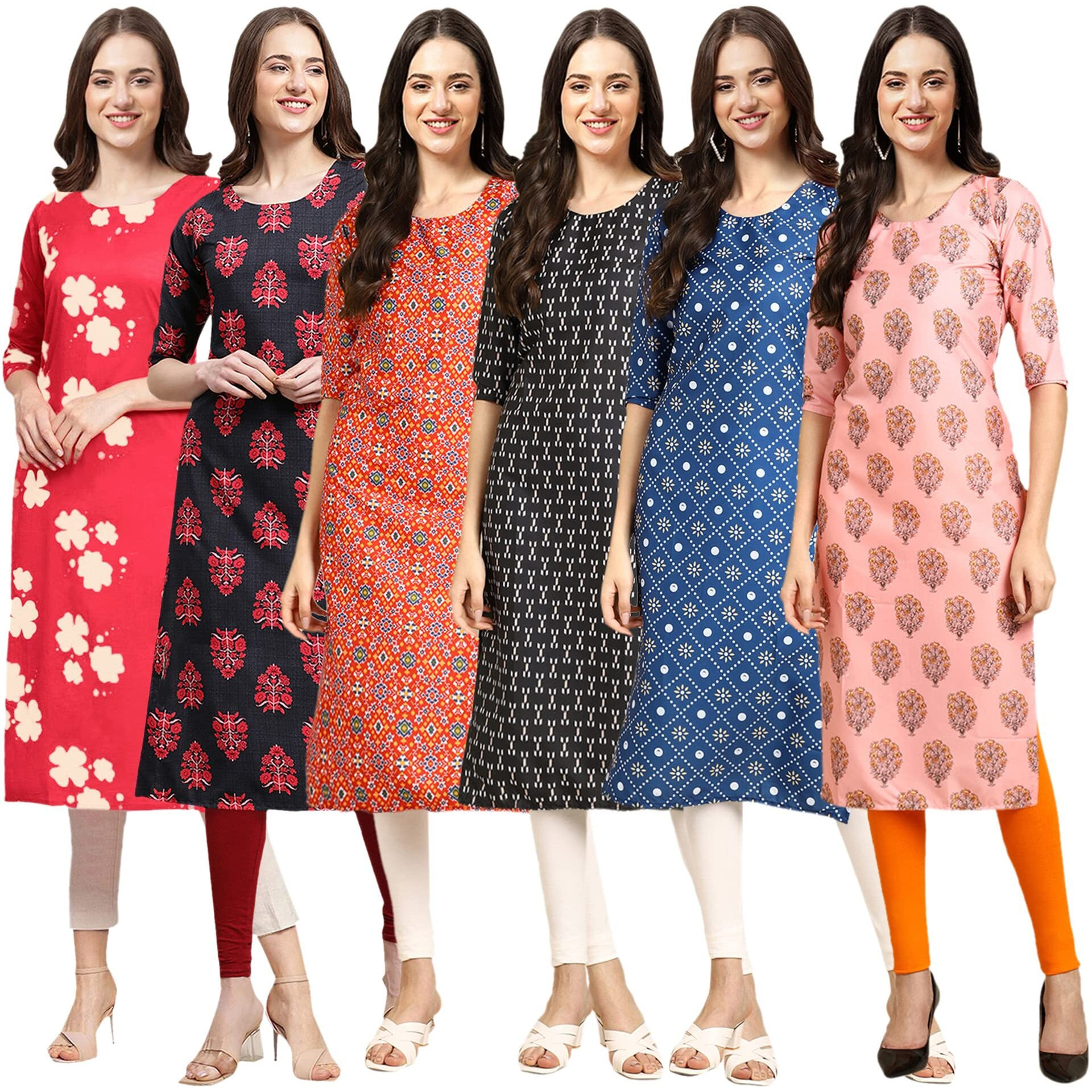 Pinkmint Women's Crepe Digital Print Straight Kurta(Pack Of 6)[Qv-380-345-365-362-353-368-M]