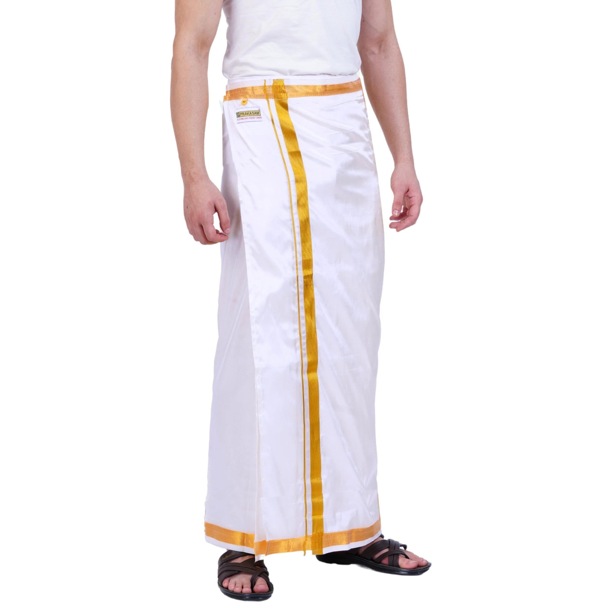 Prakasam Cotton Mens Double Layers Art Silk - Welcro Pocket Dhoti For Mens (White, 32)