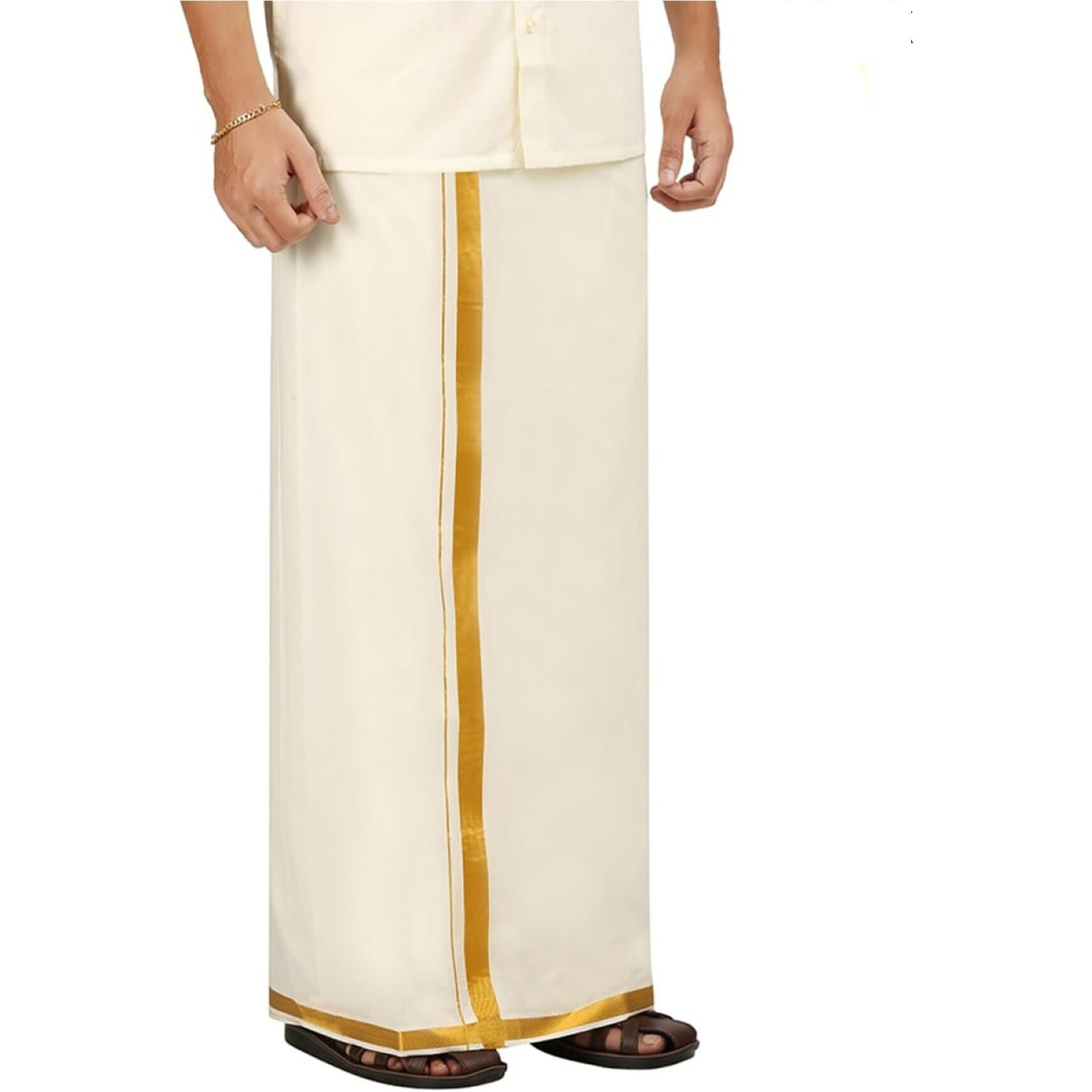 Prakasam Cotton Men's Fine Quality Welcro Pocket Jari Cotton Double Dhoti (42)