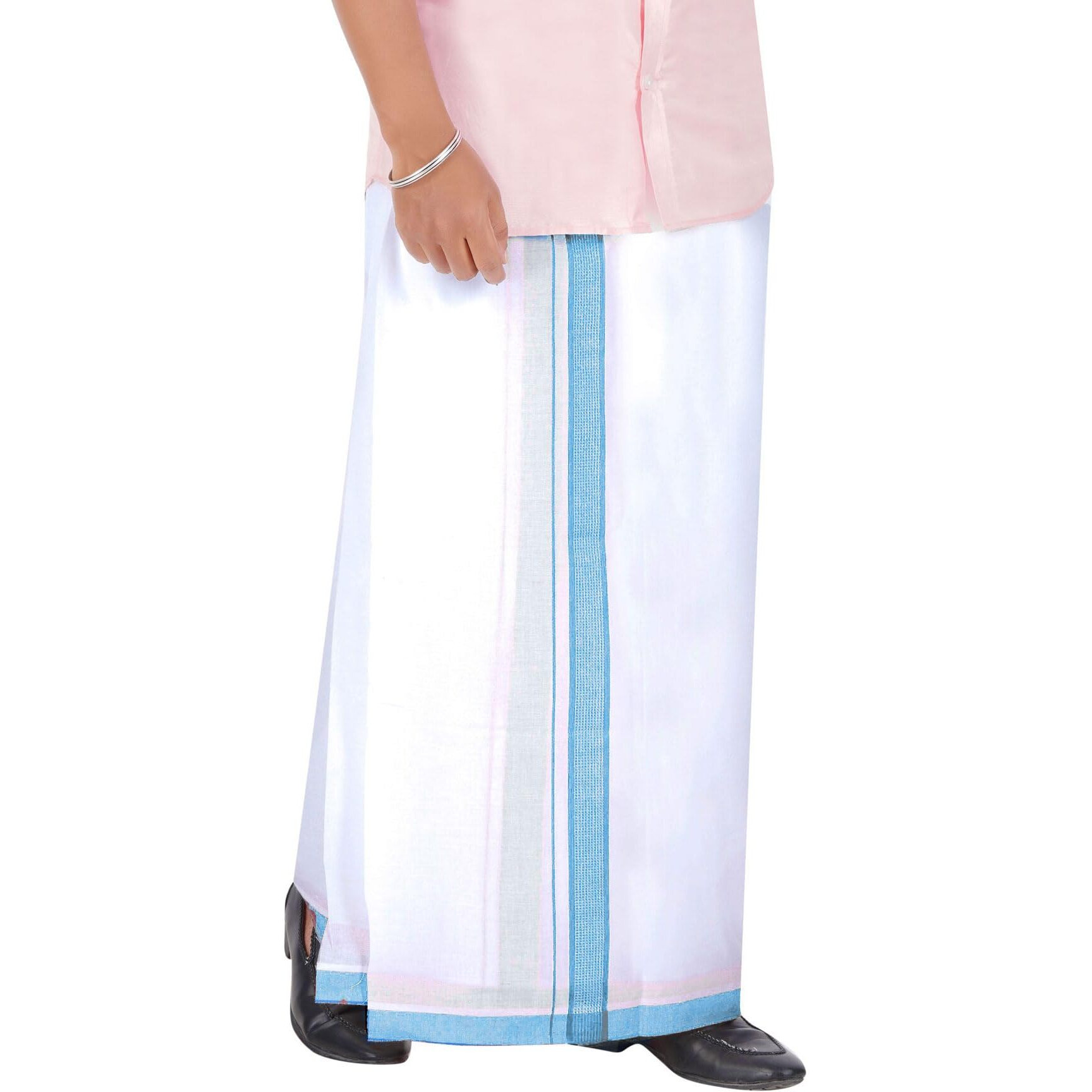 Prakasam Cotton Men's Double White Dhoti With Dobby Design Border (1.30 X 4.00 Meter) (Light Blue)