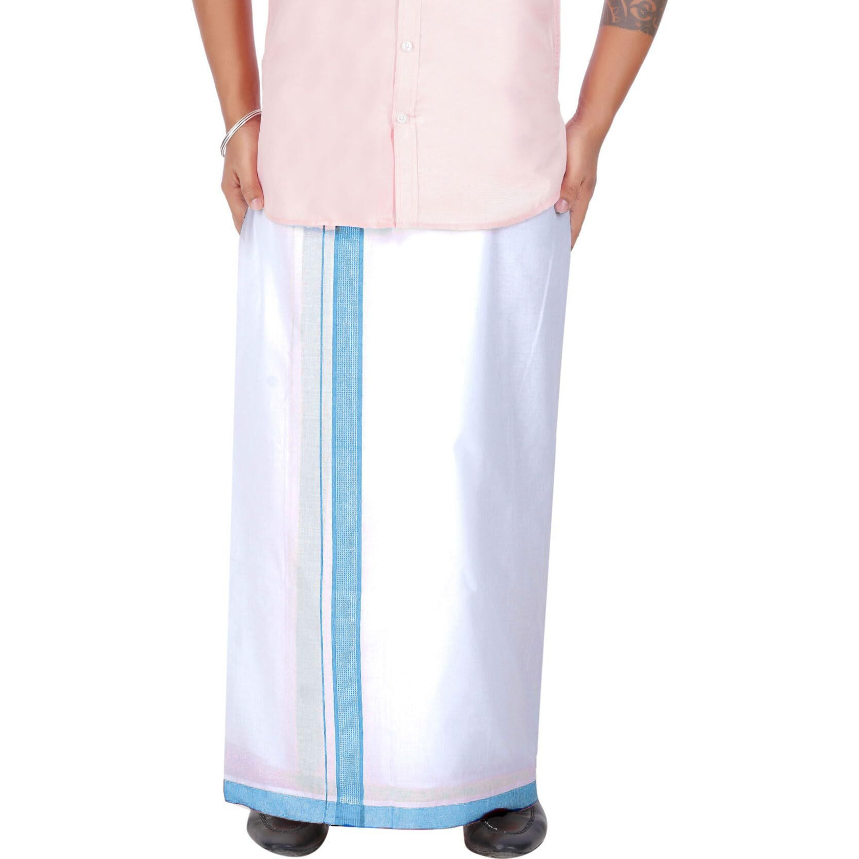 Prakasam Cotton Men's Double White Dhoti With Dobby Design Border (1.30 X 4.00 Meter) (Light Blue)