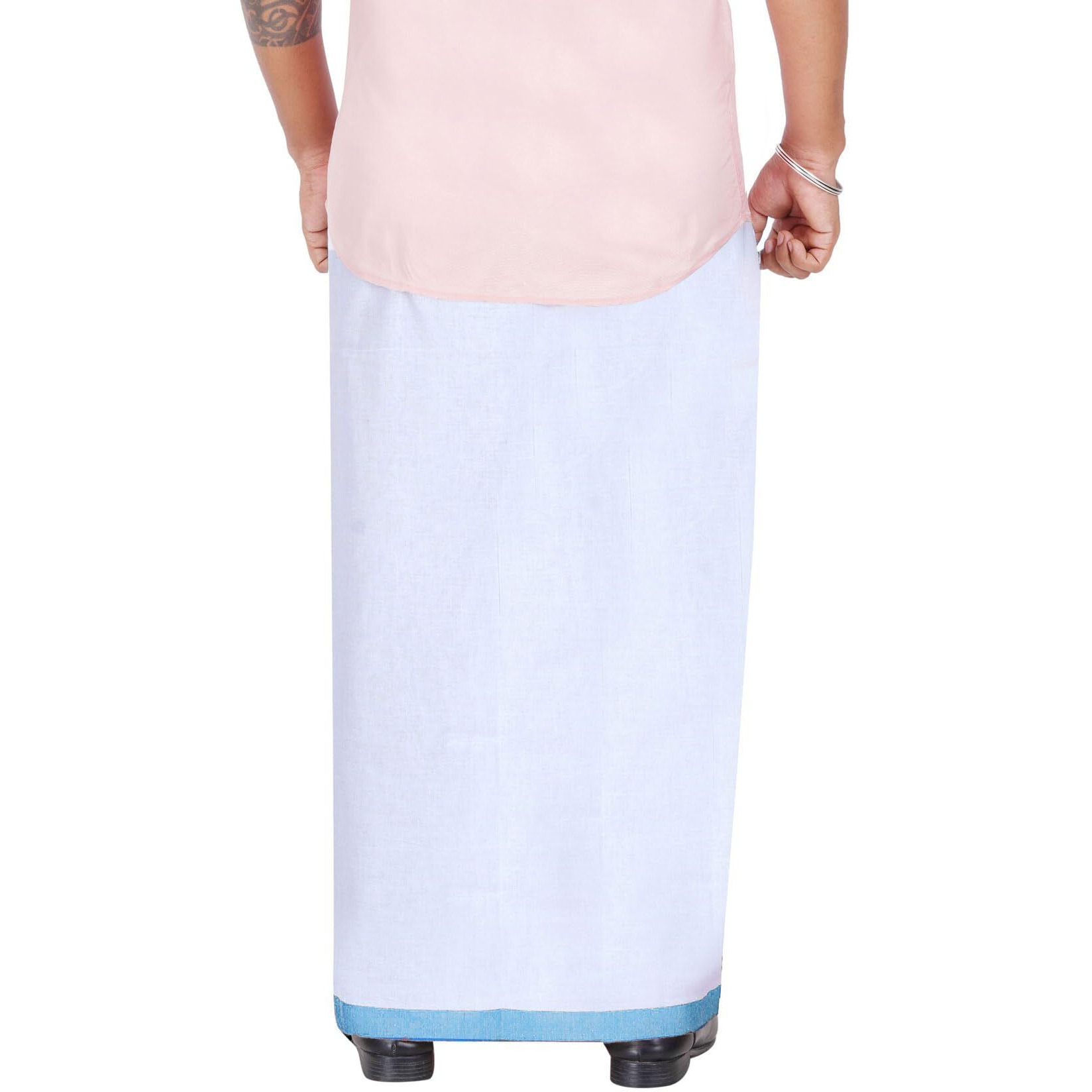 Prakasam Cotton Men's Double White Dhoti With Dobby Design Border (1.30 X 4.00 Meter) (Light Blue)