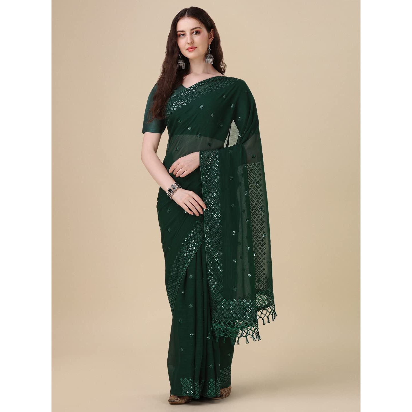 Pratham Blue Women's Sequins Georgette Fancy Saree With Blouse Piece (P-348_Green)