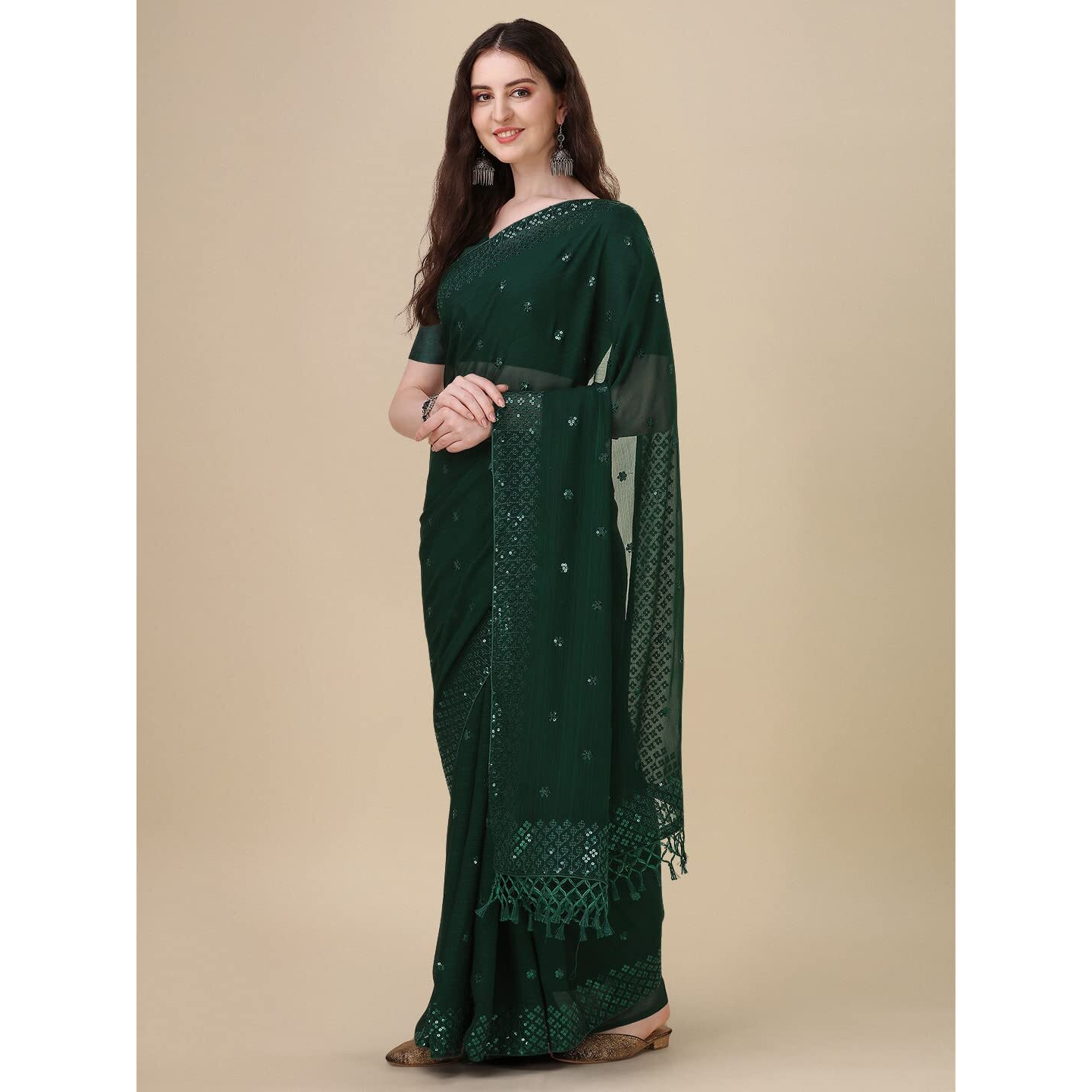 Pratham Blue Women's Sequins Georgette Fancy Saree With Blouse Piece (P-348_Green)