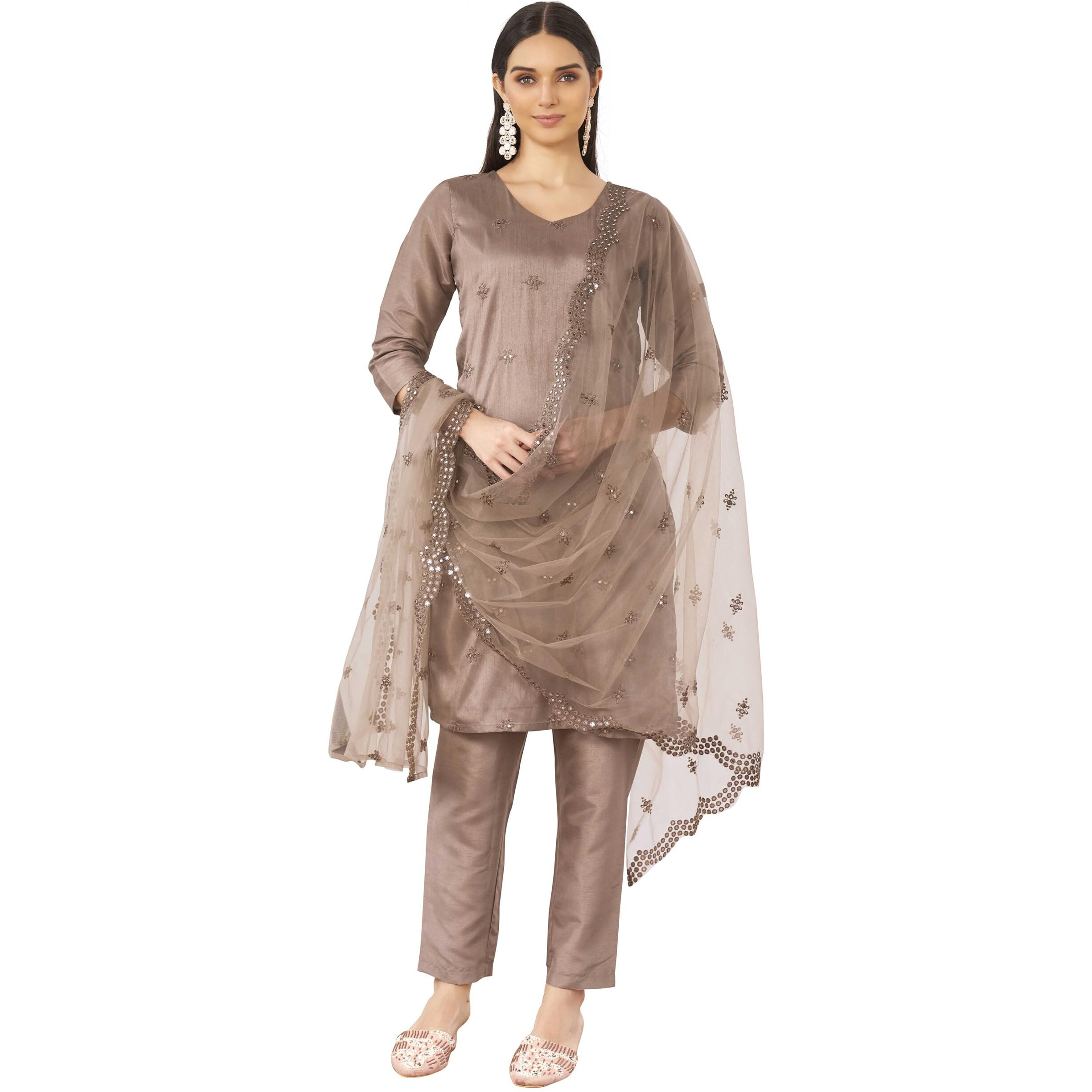 Womanista Women's Brown Color Silk Blend Mirror Work Embroidered Kurta Set(Kurtaset_1335_Xxl)