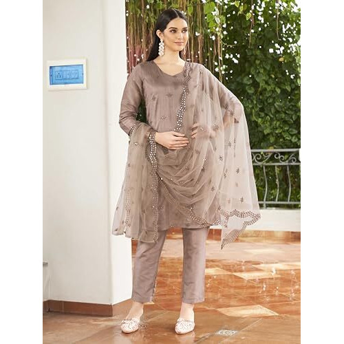 Womanista Women's Brown Color Silk Blend Mirror Work Embroidered Kurta Set(Kurtaset_1335_Xxl)
