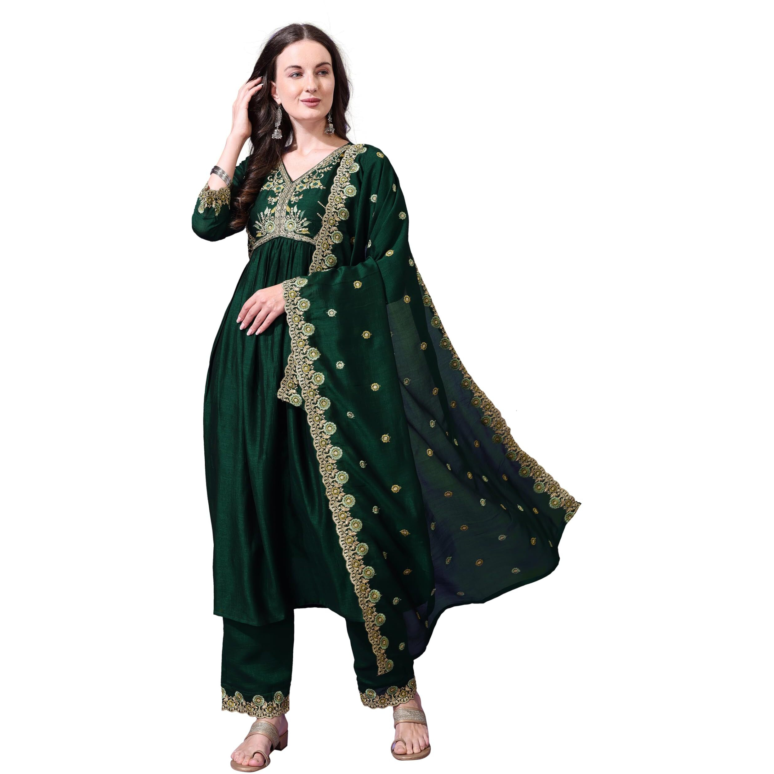 Pratham Blue Women's Silk Embroidered Regular Kurta Sets (Bkp-1016-L_Green