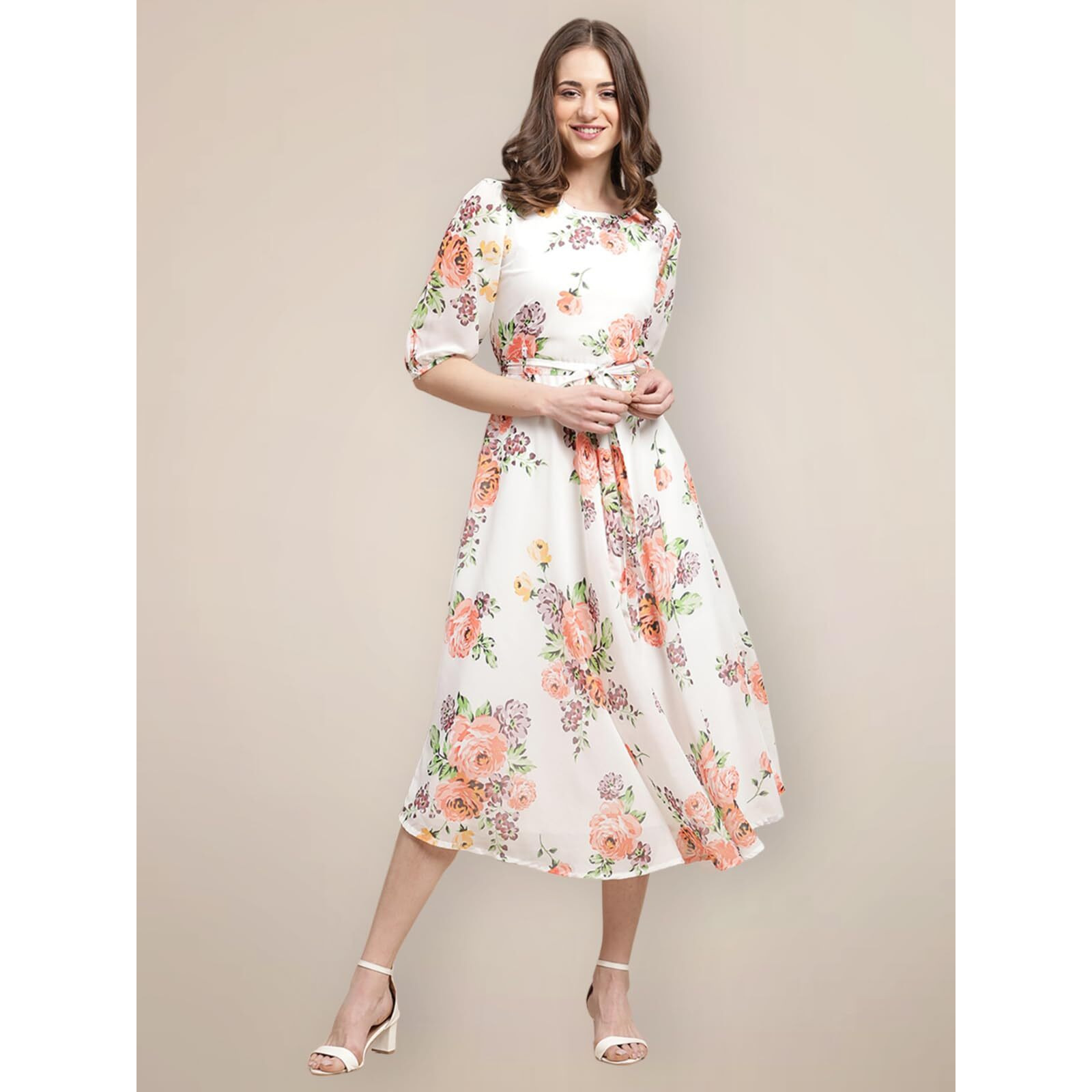 Preneum Women's Maxi Fit & Flare Latest Style Print Georgette Regular Sleeves Casual Maxi Dress || Summer Dress Festival & Occasion, Off White, M
