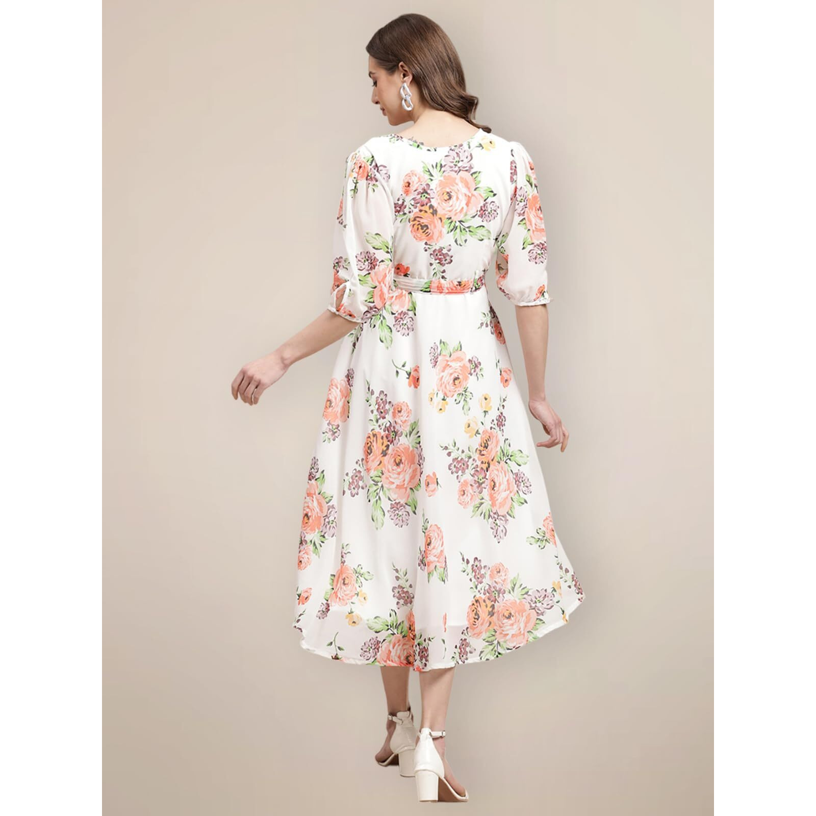 Preneum Women's Maxi Fit & Flare Latest Style Print Georgette Regular Sleeves Casual Maxi Dress || Summer Dress Festival & Occasion, Off White, M