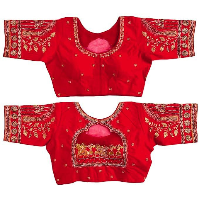 Pujia Mills Women's Golden Zari Embroidery Work With Heavy Maggam Work Red Blouse(Ruby Red_38)