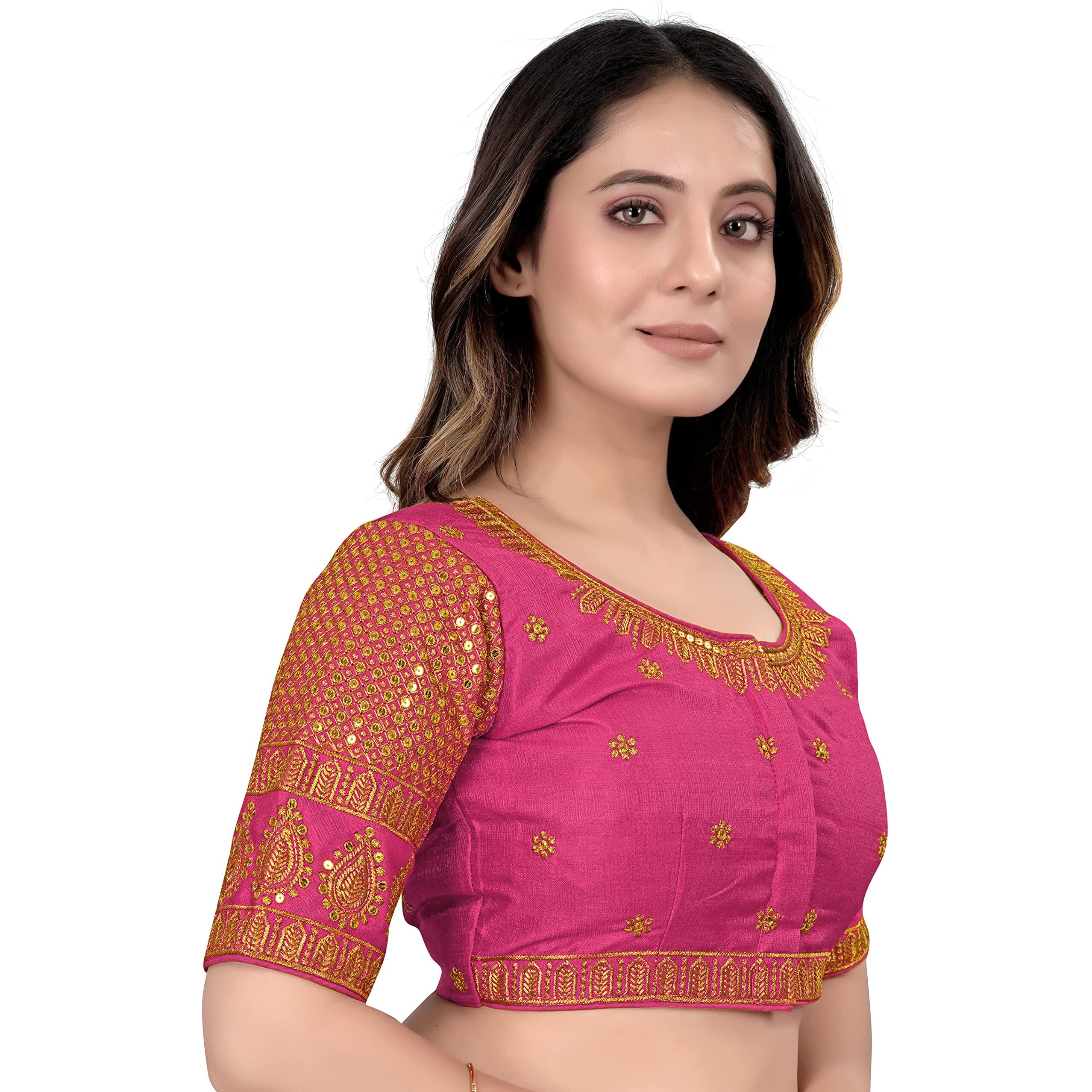 Pujia Mills Women's Blouse Readymade Blouse Embroidery Blouse Readymade Blouses For Women Readymade Blouses For Women Half Readymade Saree Blouse For Women Pink Blouse Readymade (Delta Pink 38)